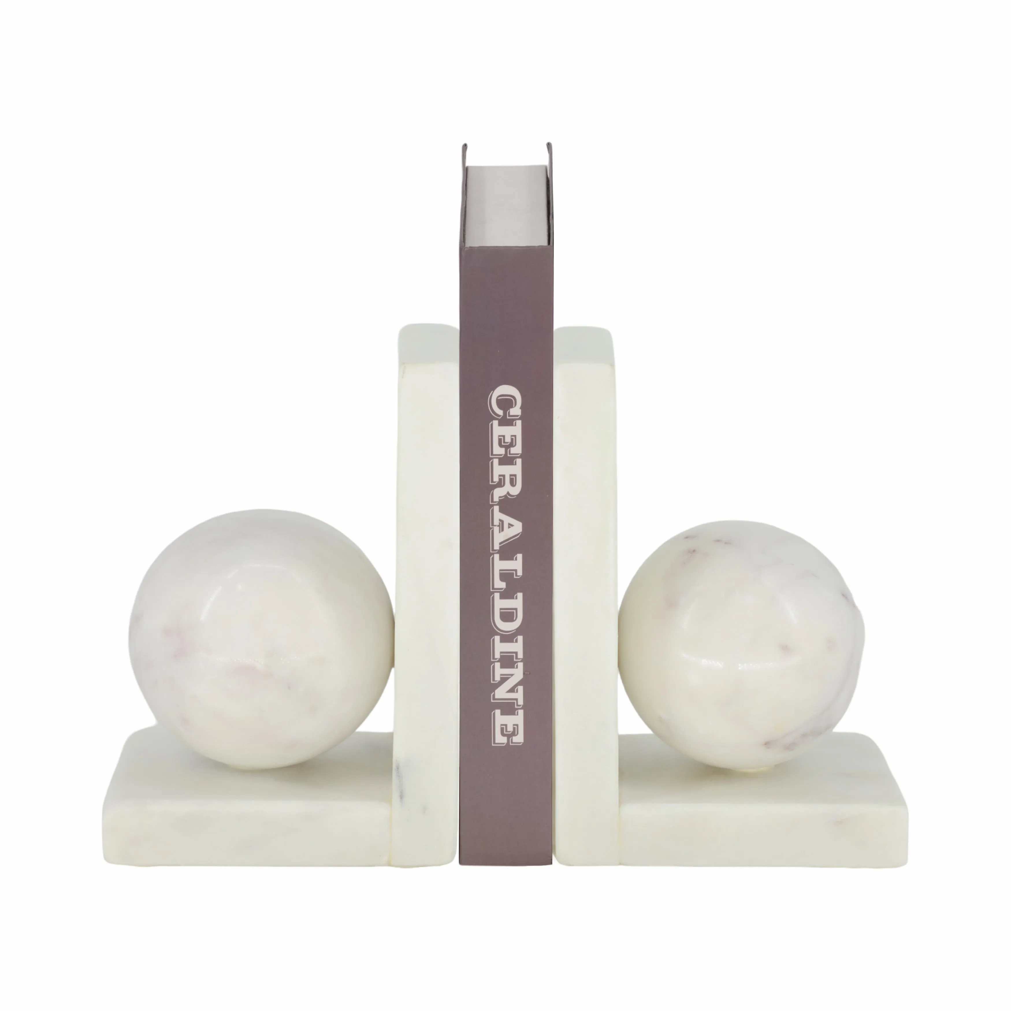 S/2 6" Marble Bookend With 3" Orb, White