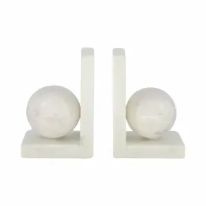 S/2 6" Marble Bookend With 3" Orb, White