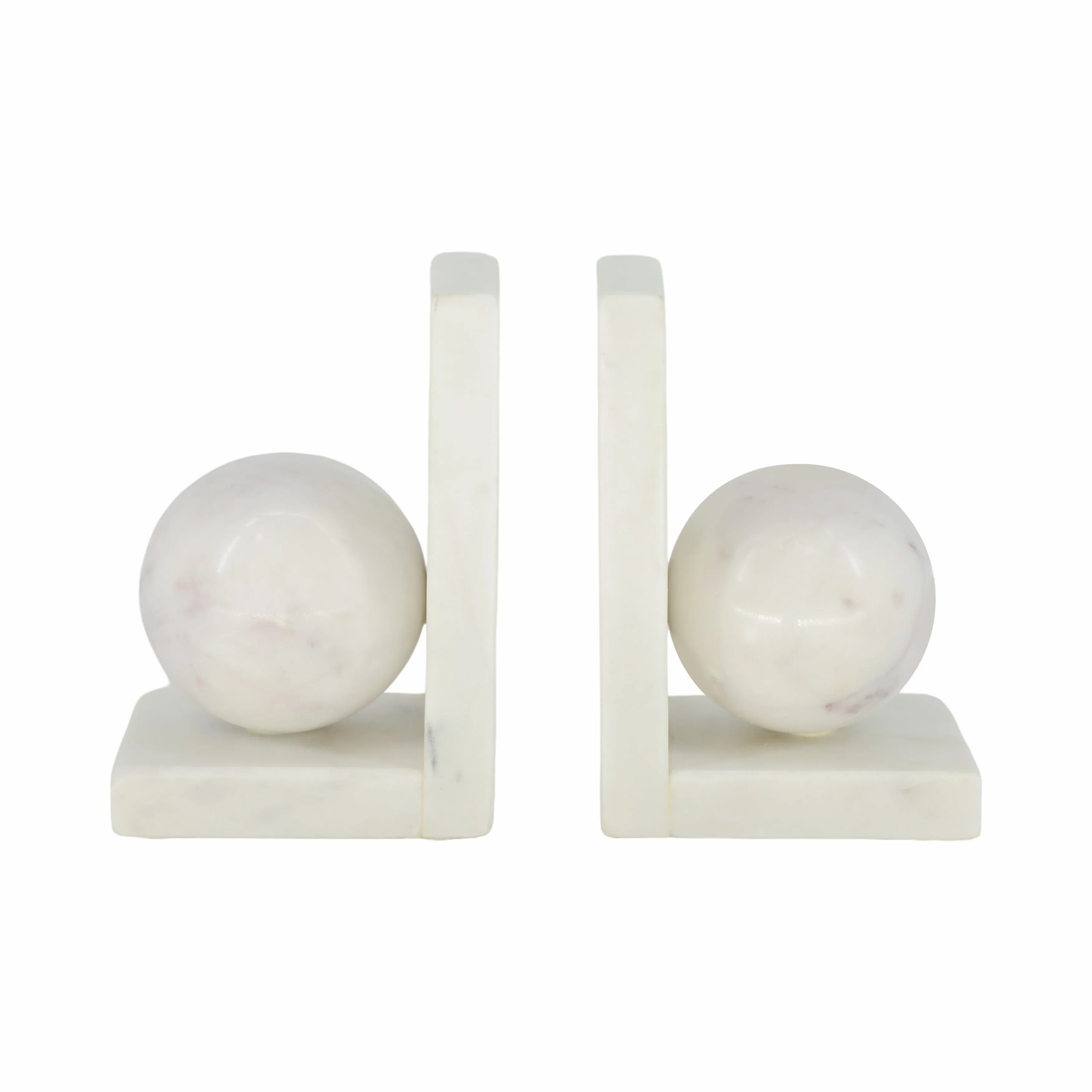 S/2 6" Marble Bookend With 3" Orb, White