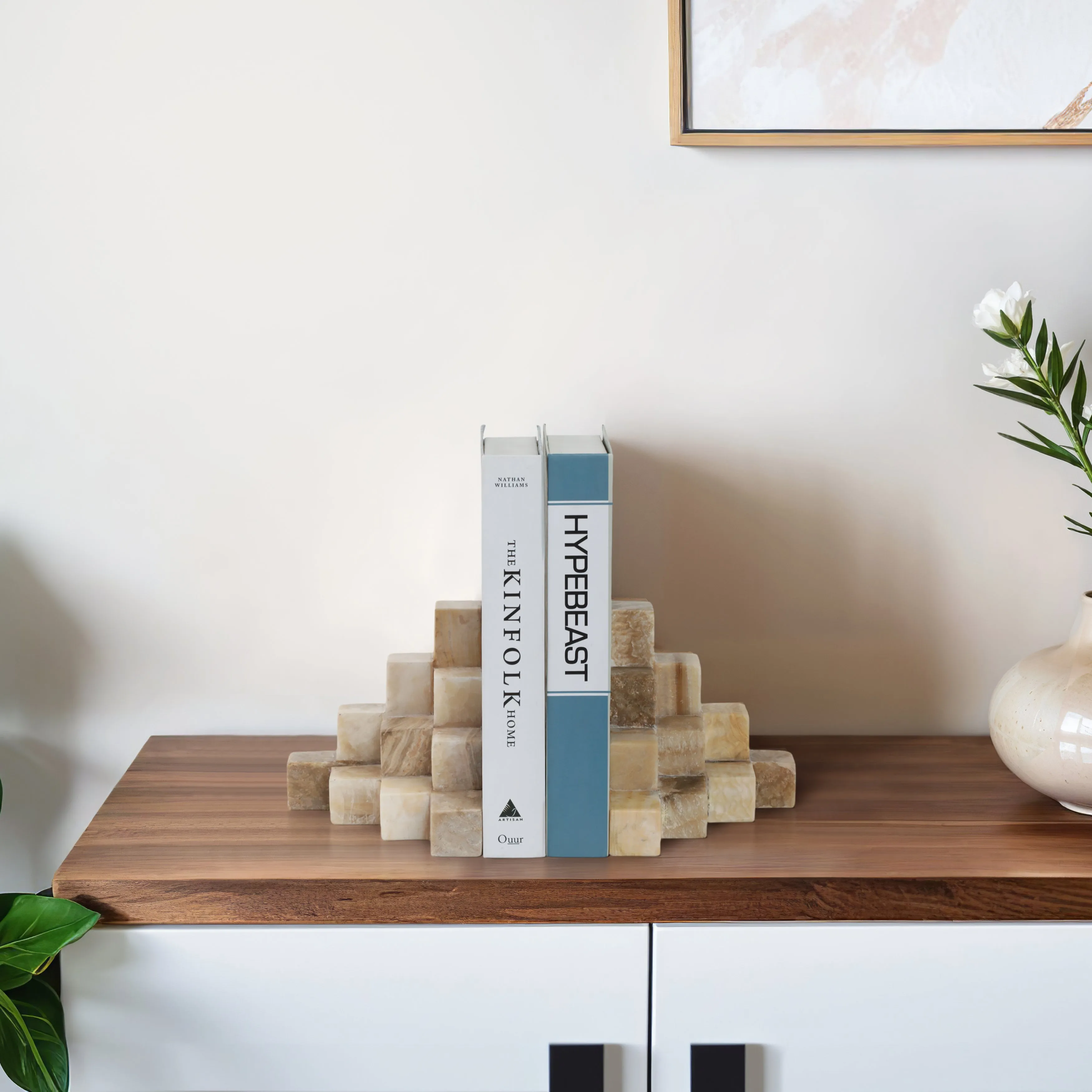 S/2 6" Onyx Cube Pyramid Bookends, Tan