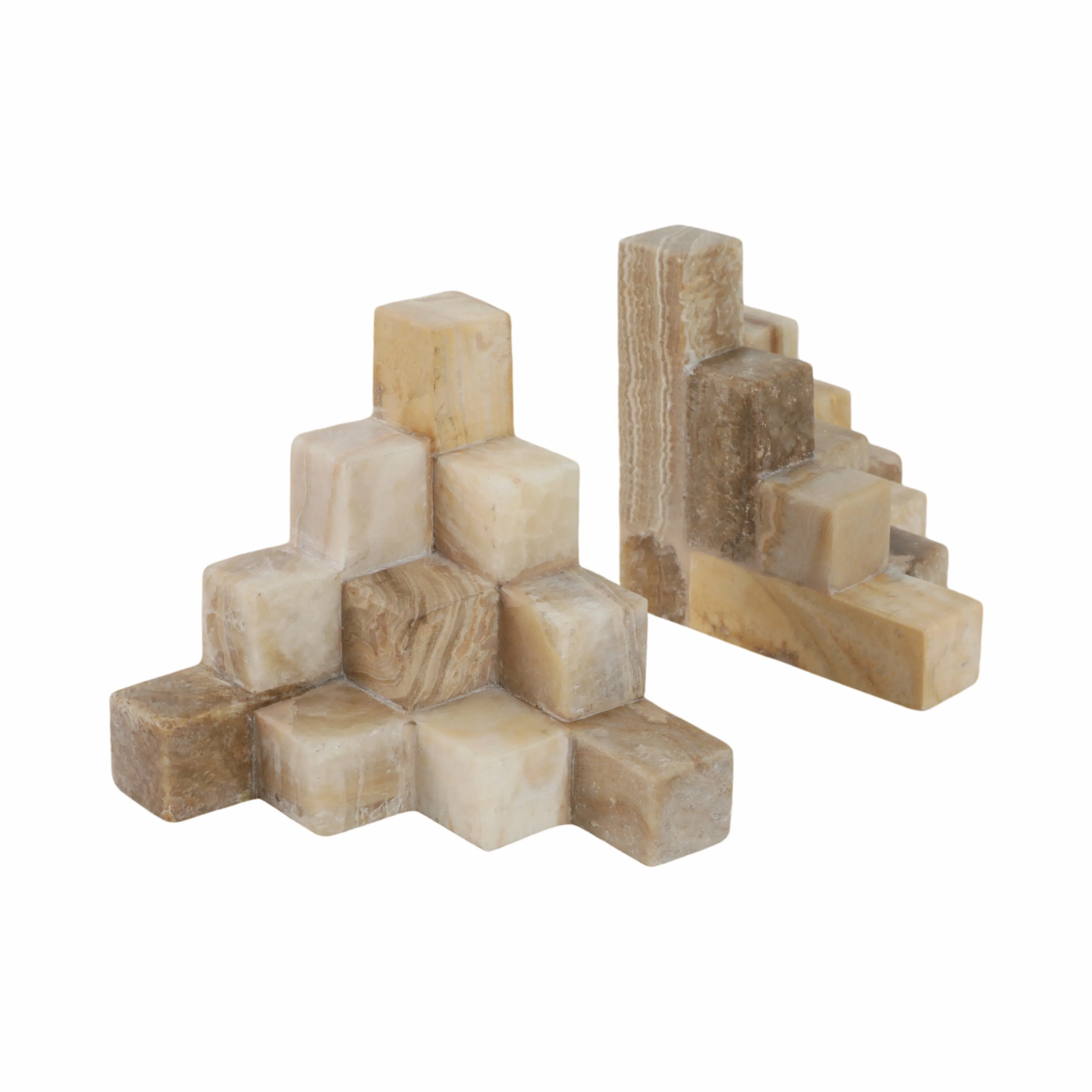 S/2 6" Onyx Cube Pyramid Bookends, Tan