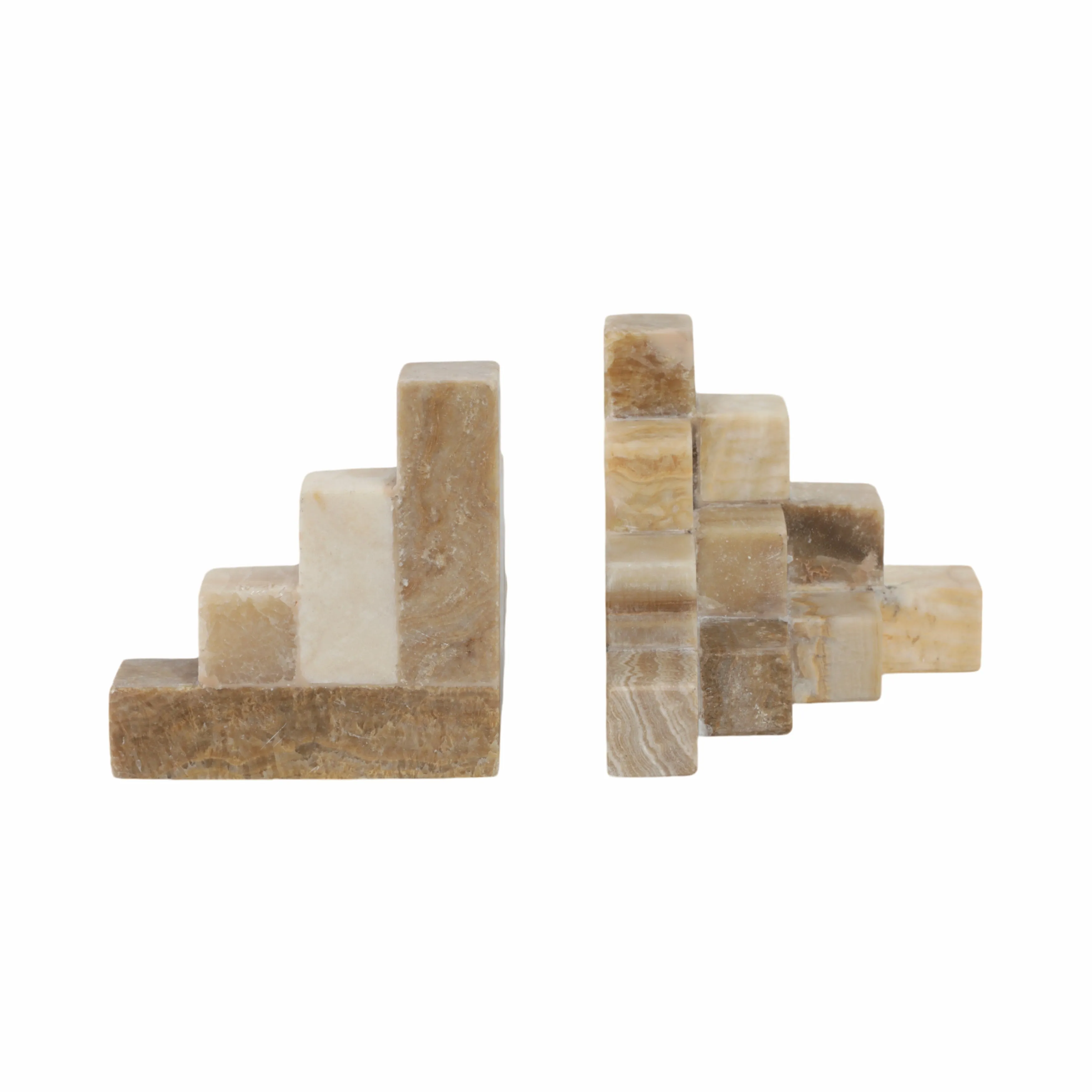 S/2 6" Onyx Cube Pyramid Bookends, Tan
