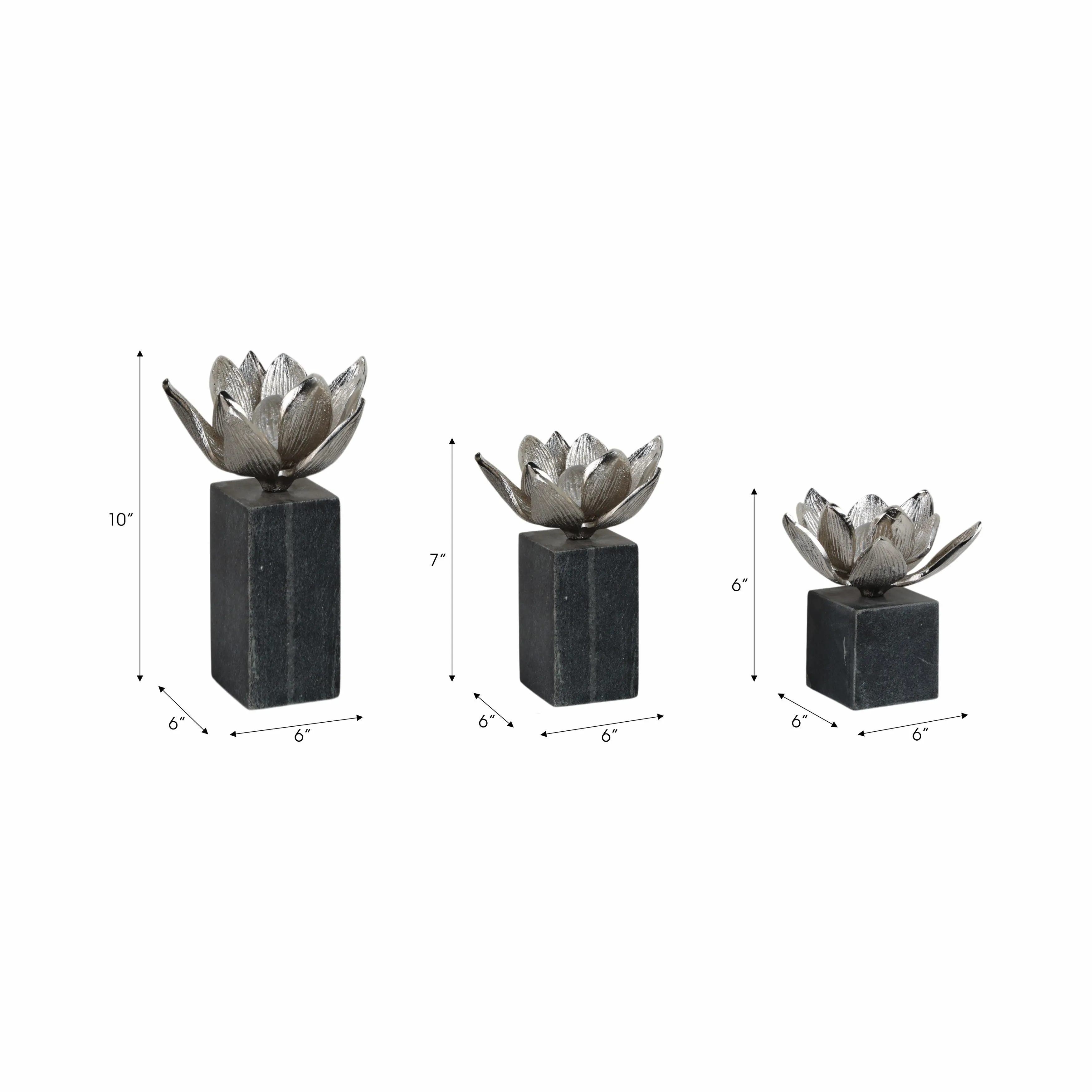 S/3 6/7/10" DARBY SILVER FLOWER STATUARY WITH MARB