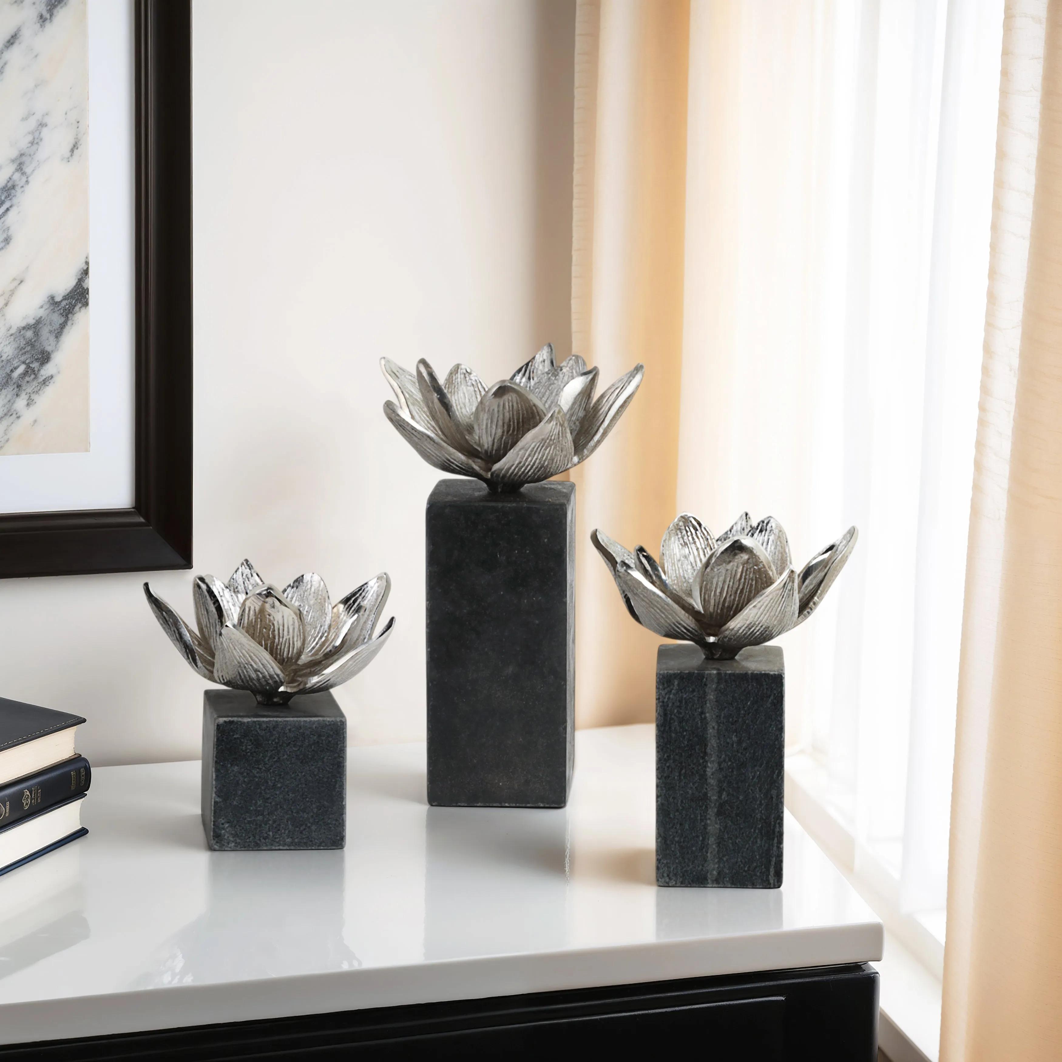 S/3 6/7/10" DARBY SILVER FLOWER STATUARY WITH MARB