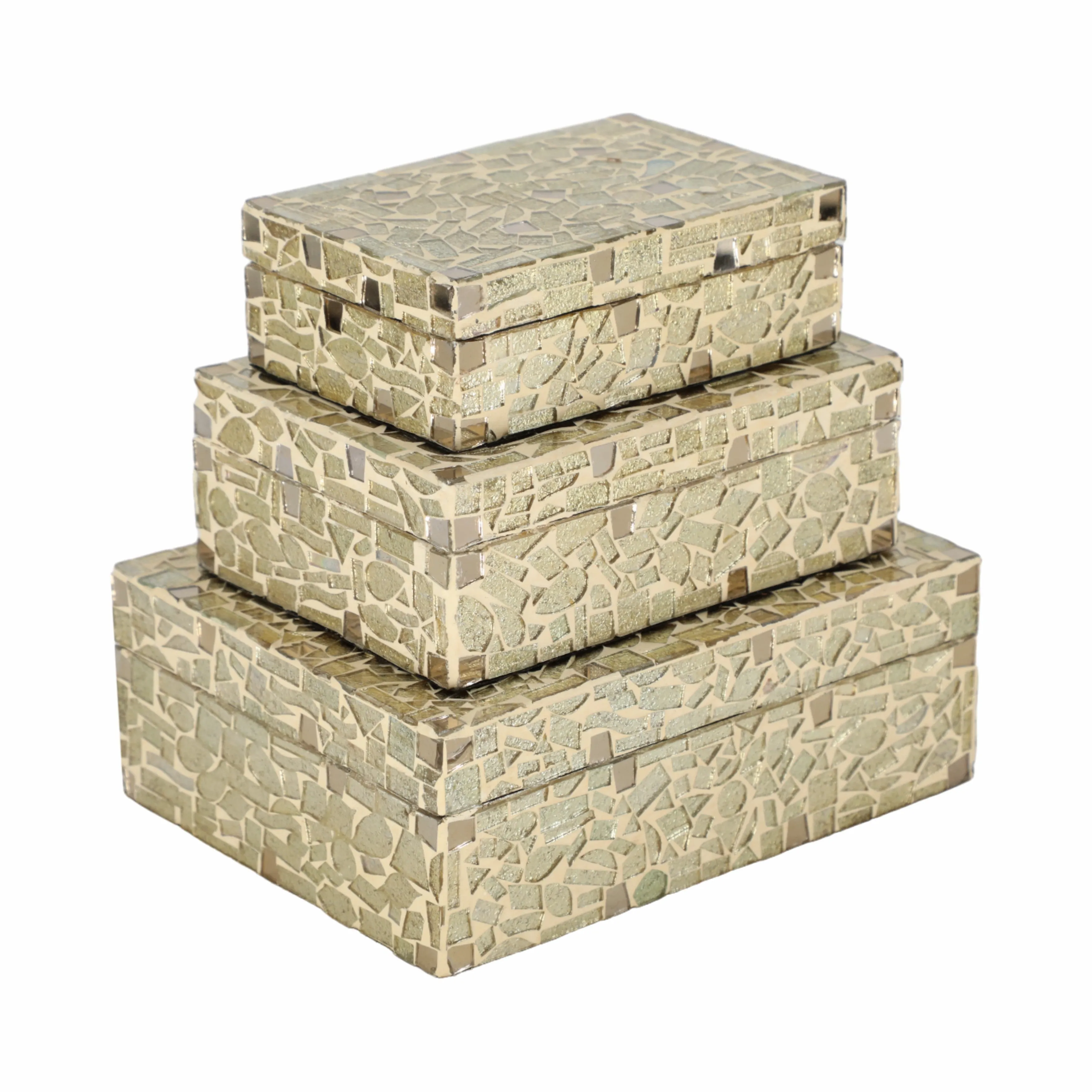 S/3 6/7/9" MOSAIC BOXES, CHAMPAGNE