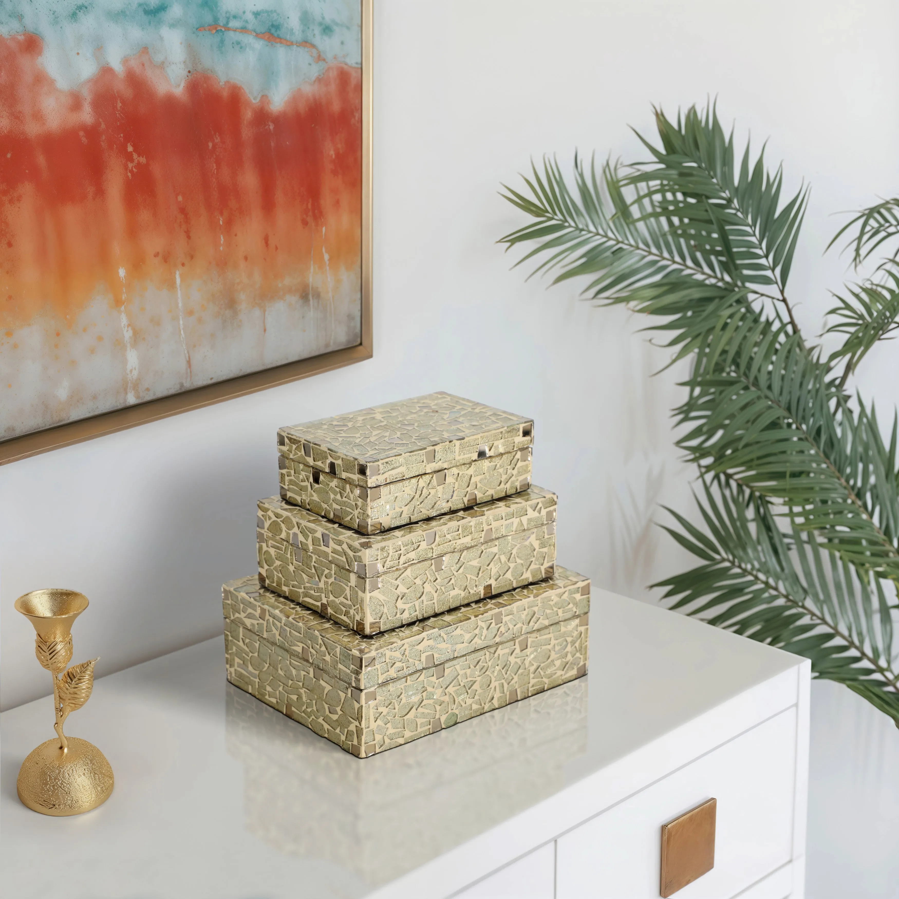 S/3 6/7/9" MOSAIC BOXES, CHAMPAGNE