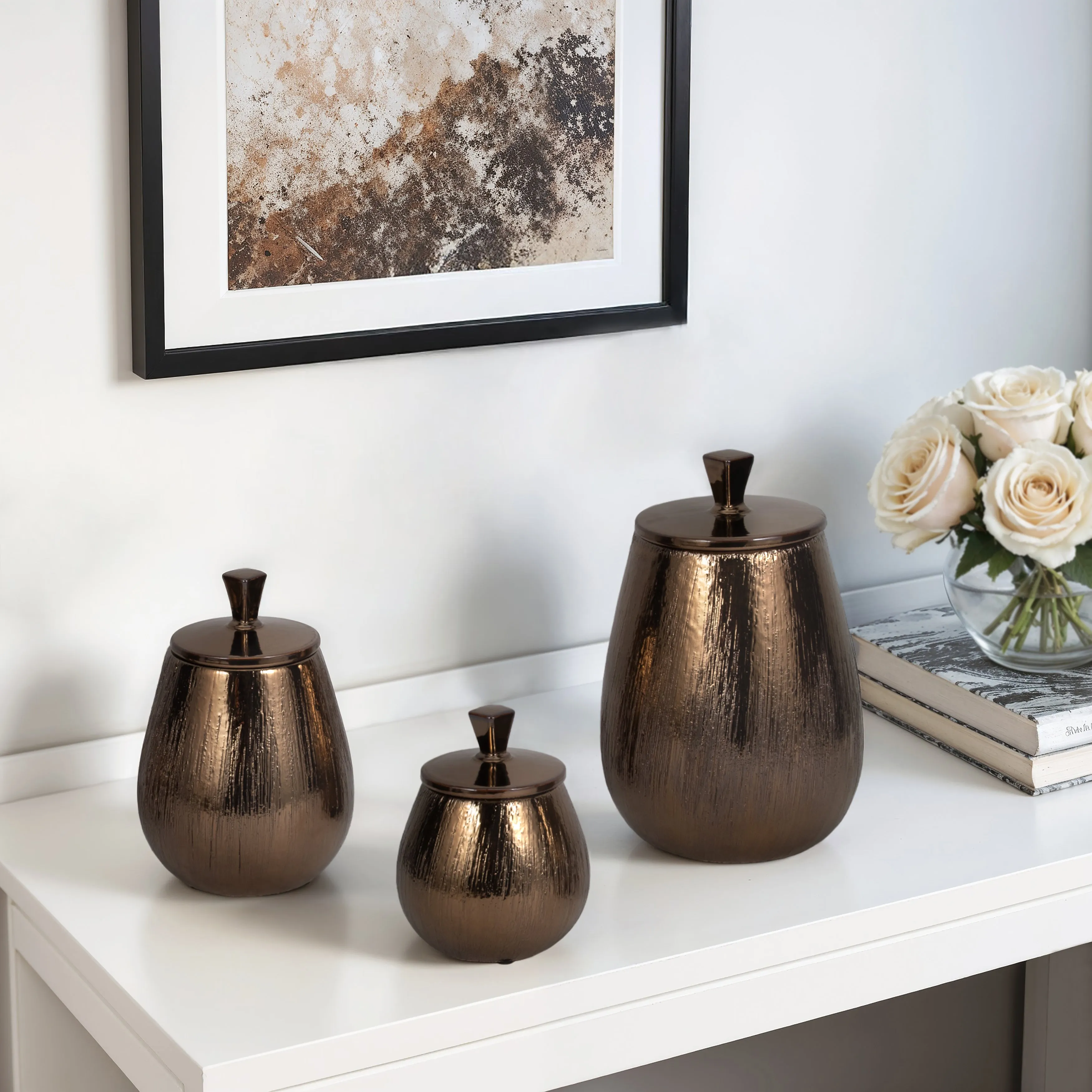 S/3 7/9/11" Tiziano Ceramic Bronze Jars
