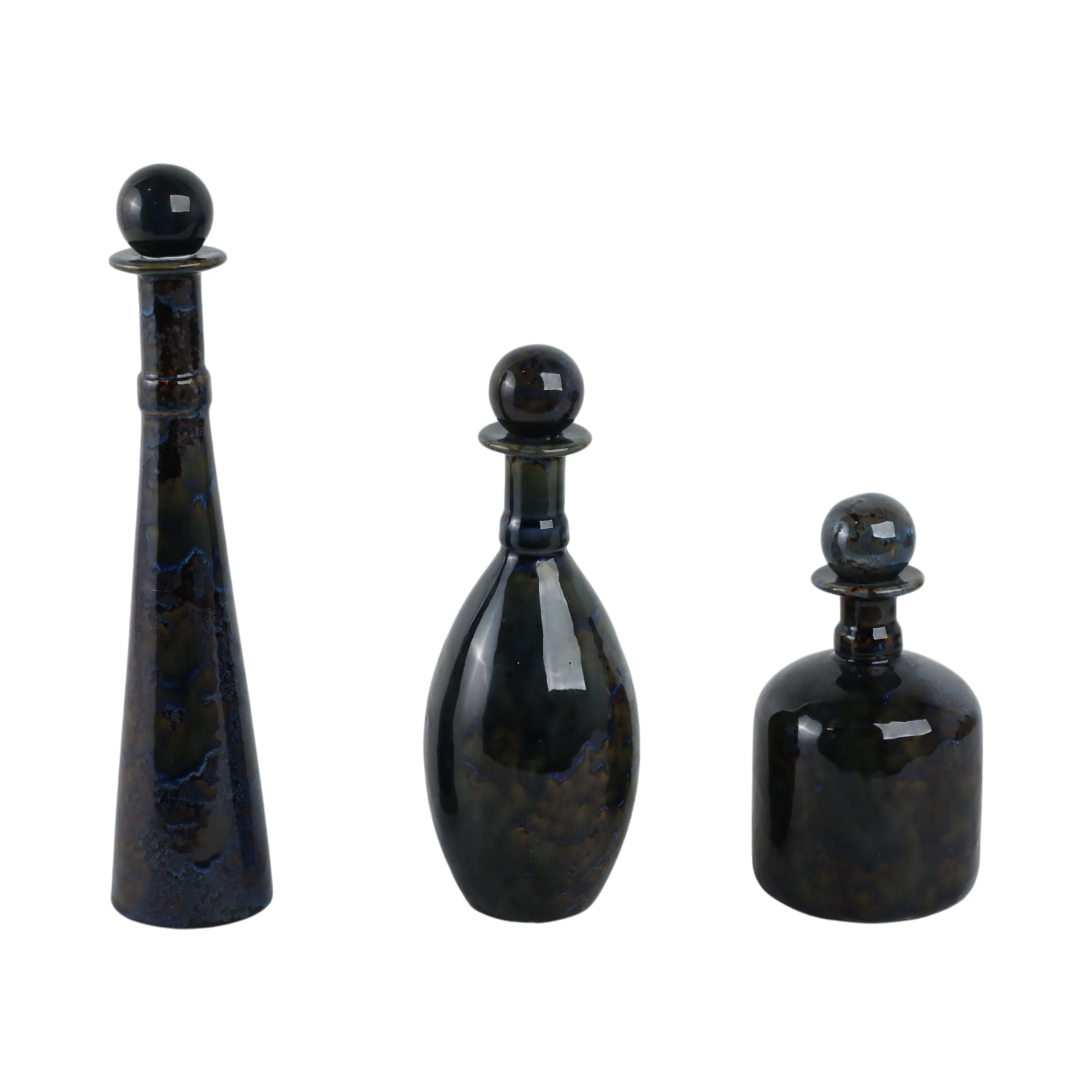 S/3 8/11/15" Olympia Blue Ceramic Bottles