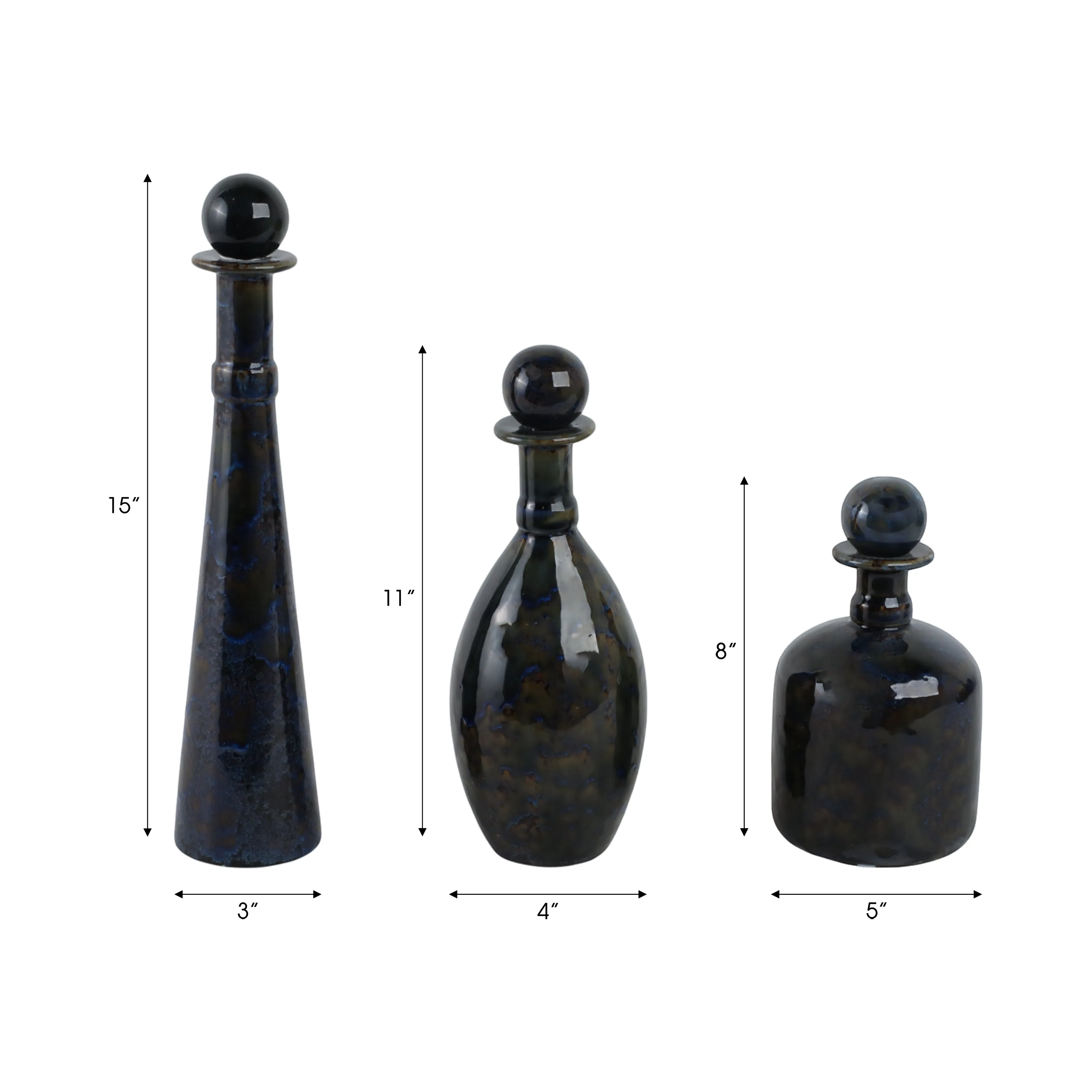 S/3 8/11/15" Olympia Blue Ceramic Bottles