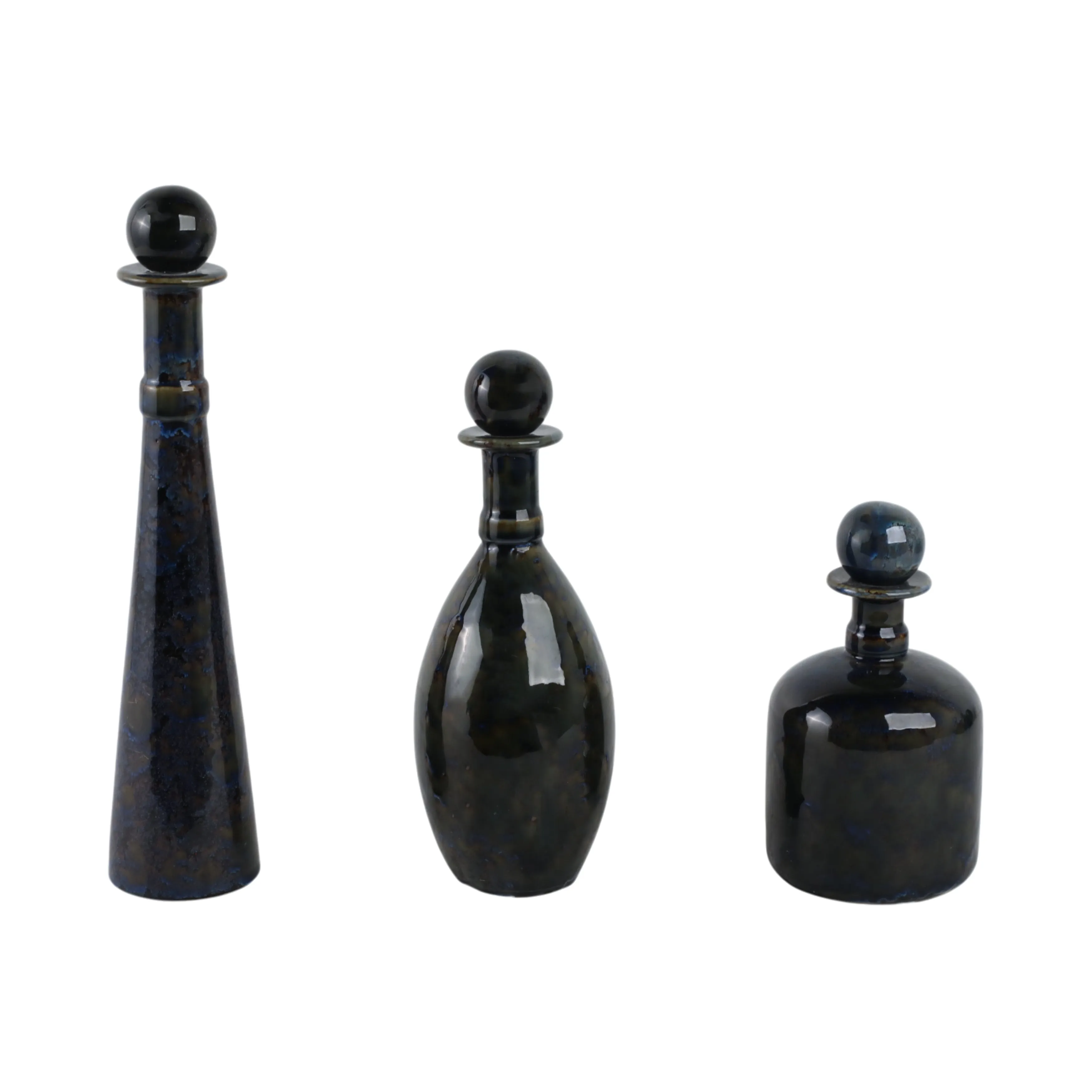S/3 8/11/15" Olympia Blue Ceramic Bottles