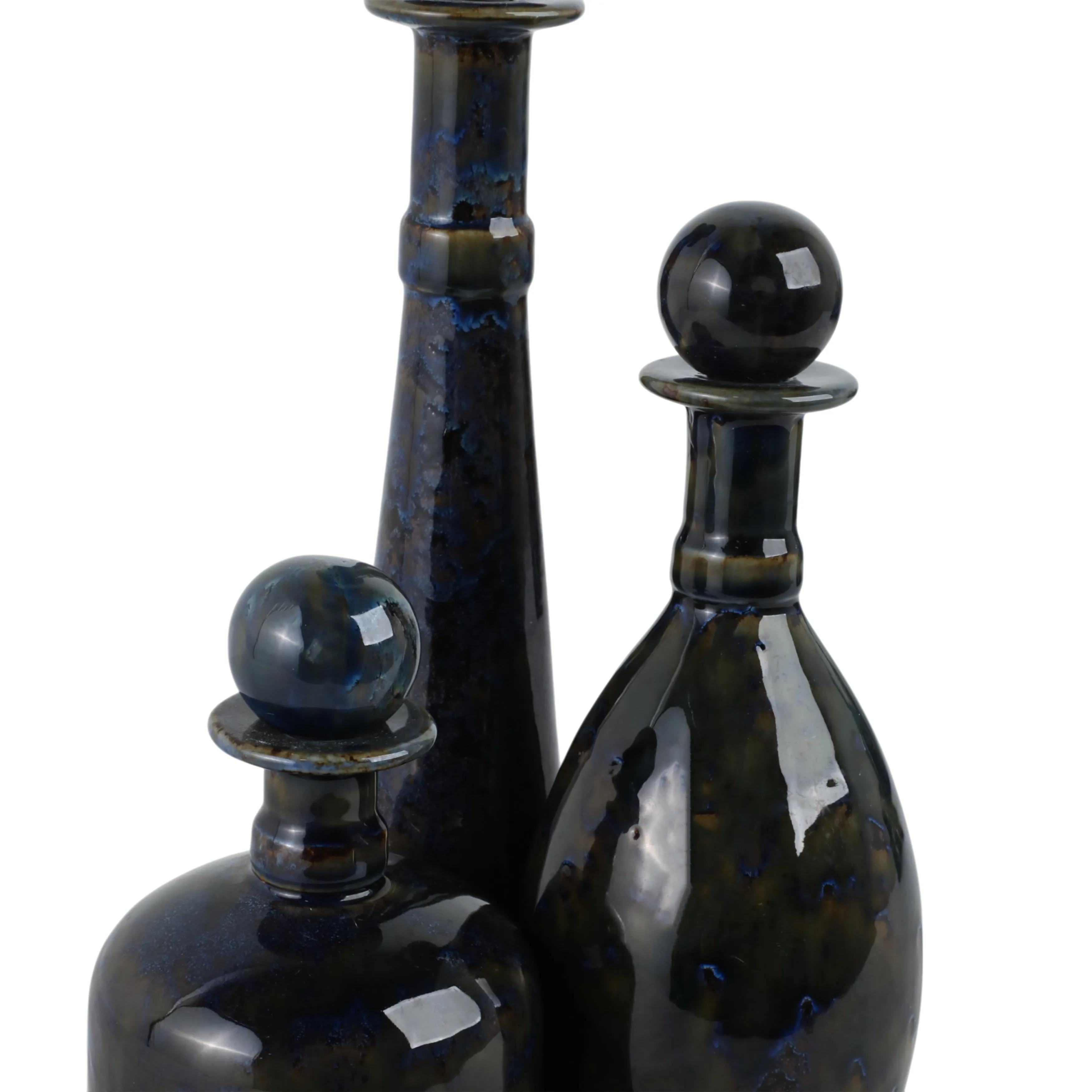 S/3 8/11/15" Olympia Blue Ceramic Bottles