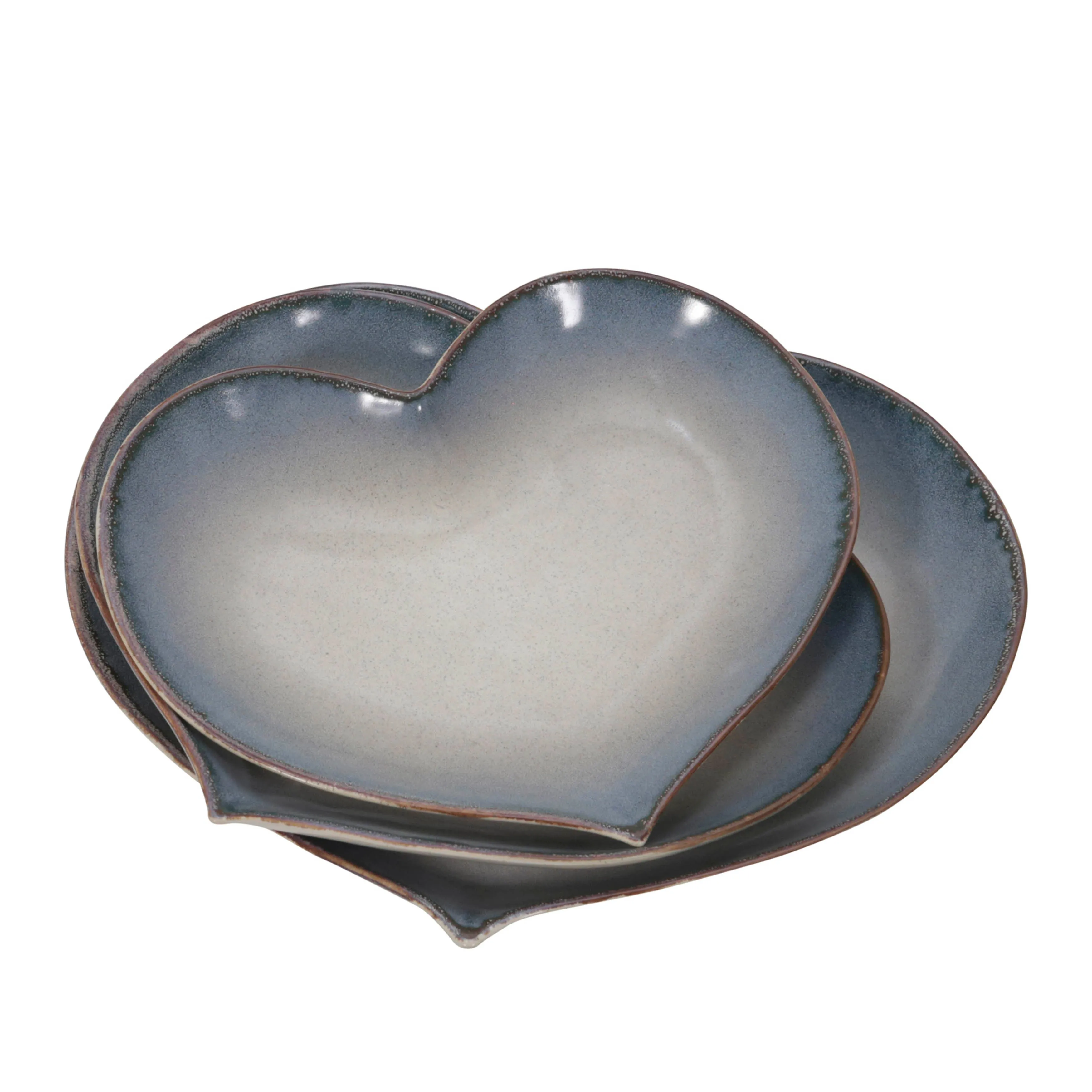 S/3 CERAMIC 15 / 13 /12" HEARTPLATES, BLUE FADE