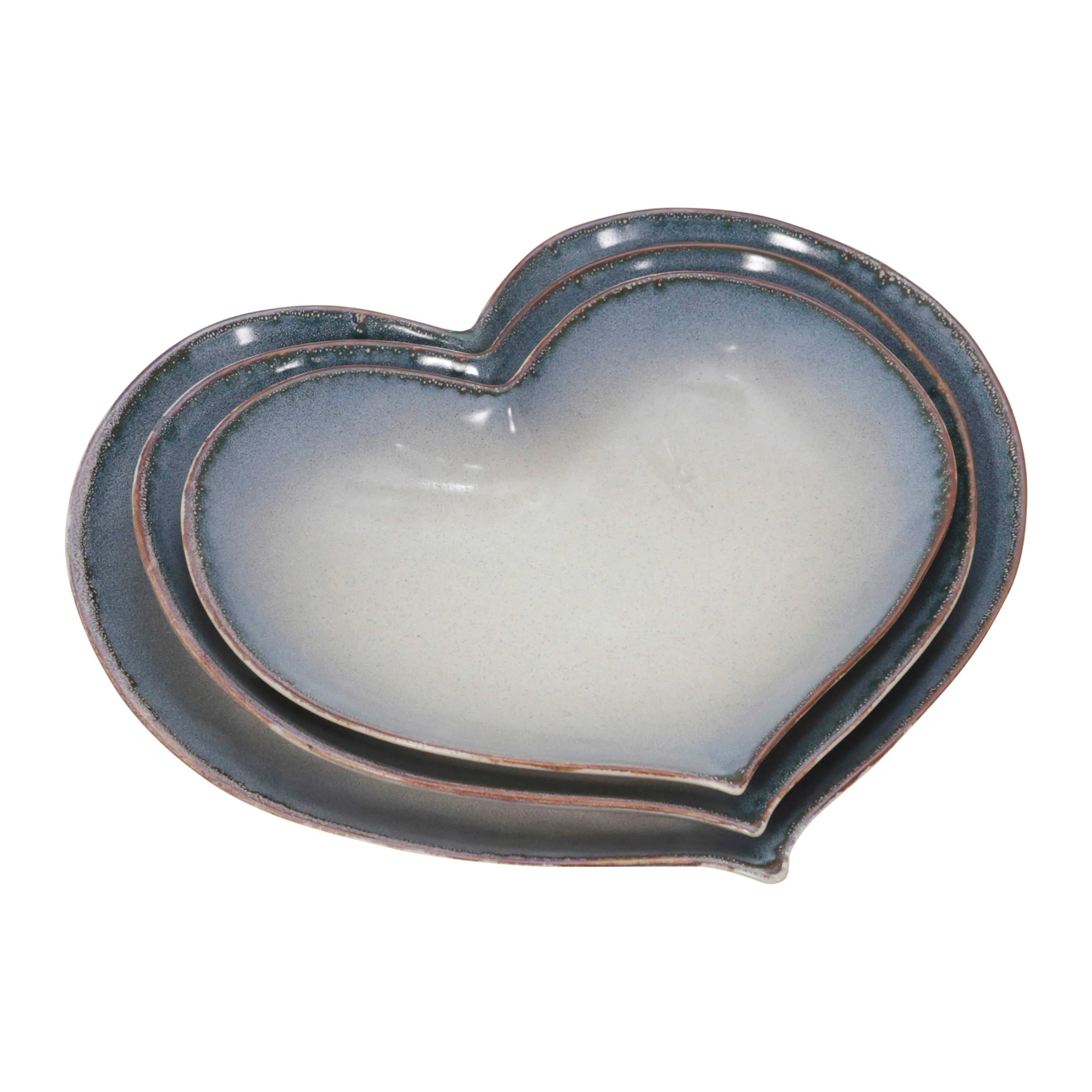 S/3 CERAMIC 15 / 13 /12" HEARTPLATES, BLUE FADE