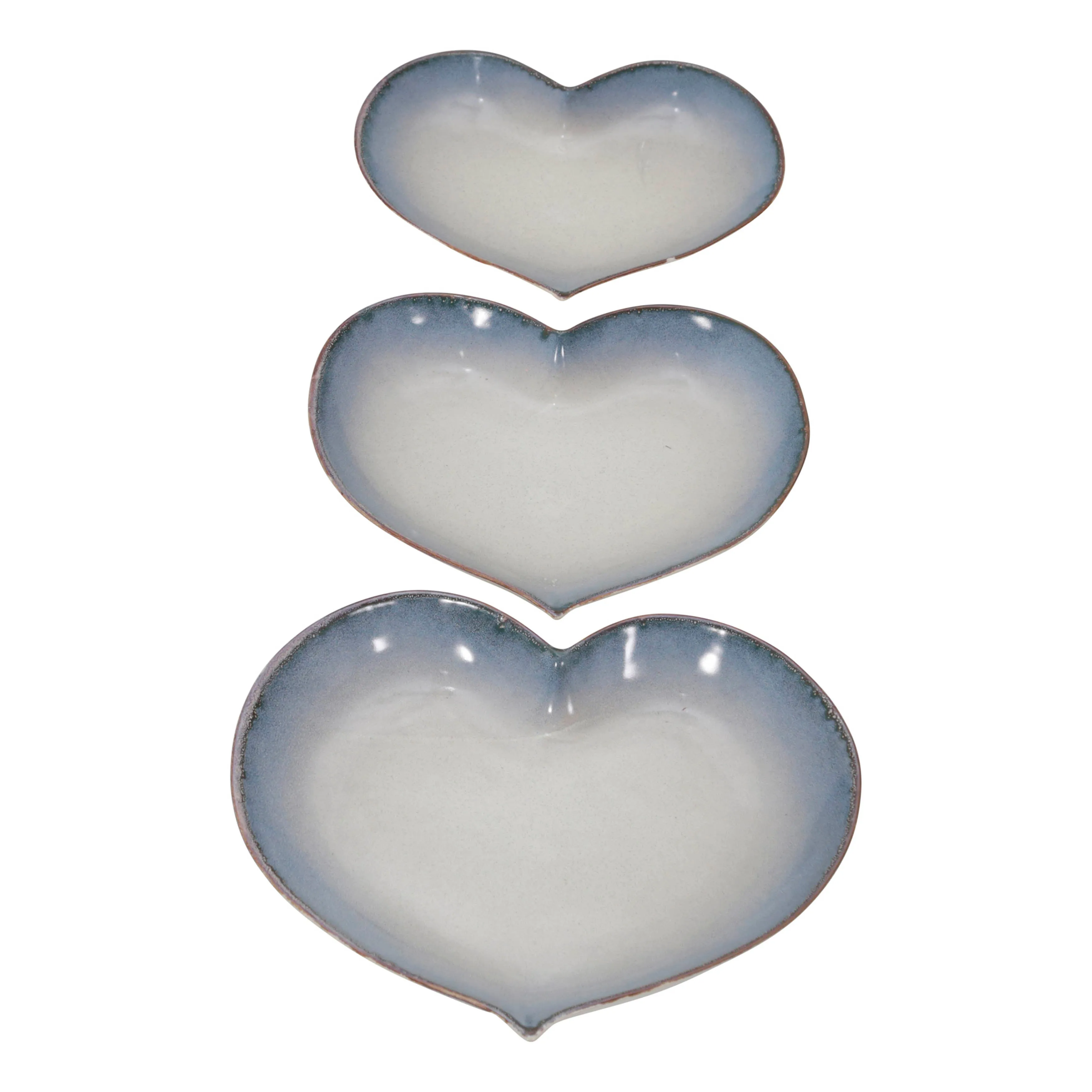 S/3 CERAMIC 15 / 13 /12" HEARTPLATES, BLUE FADE