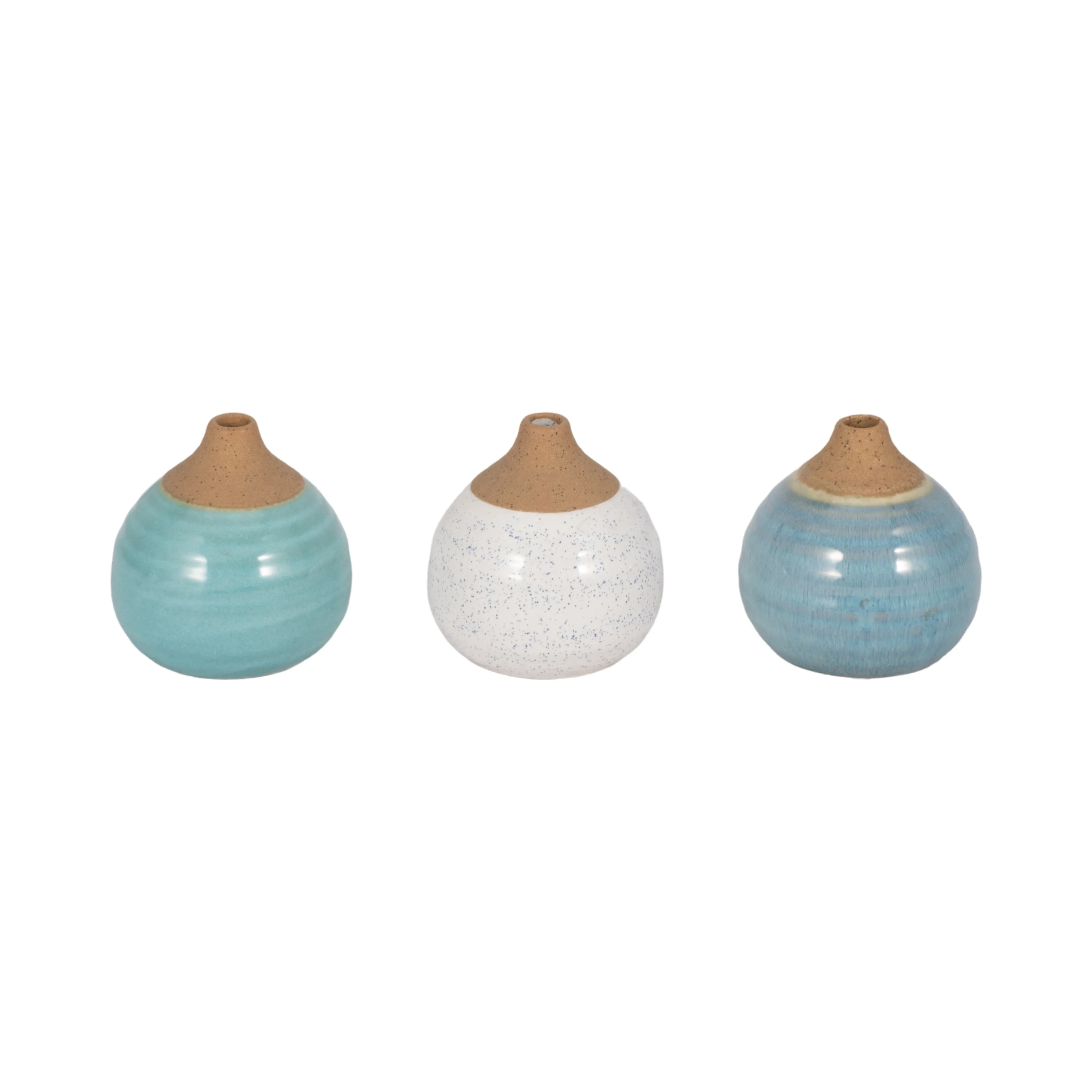 S/3 GLAZED BUD VASES, BLUE/TURQ/WHITE
