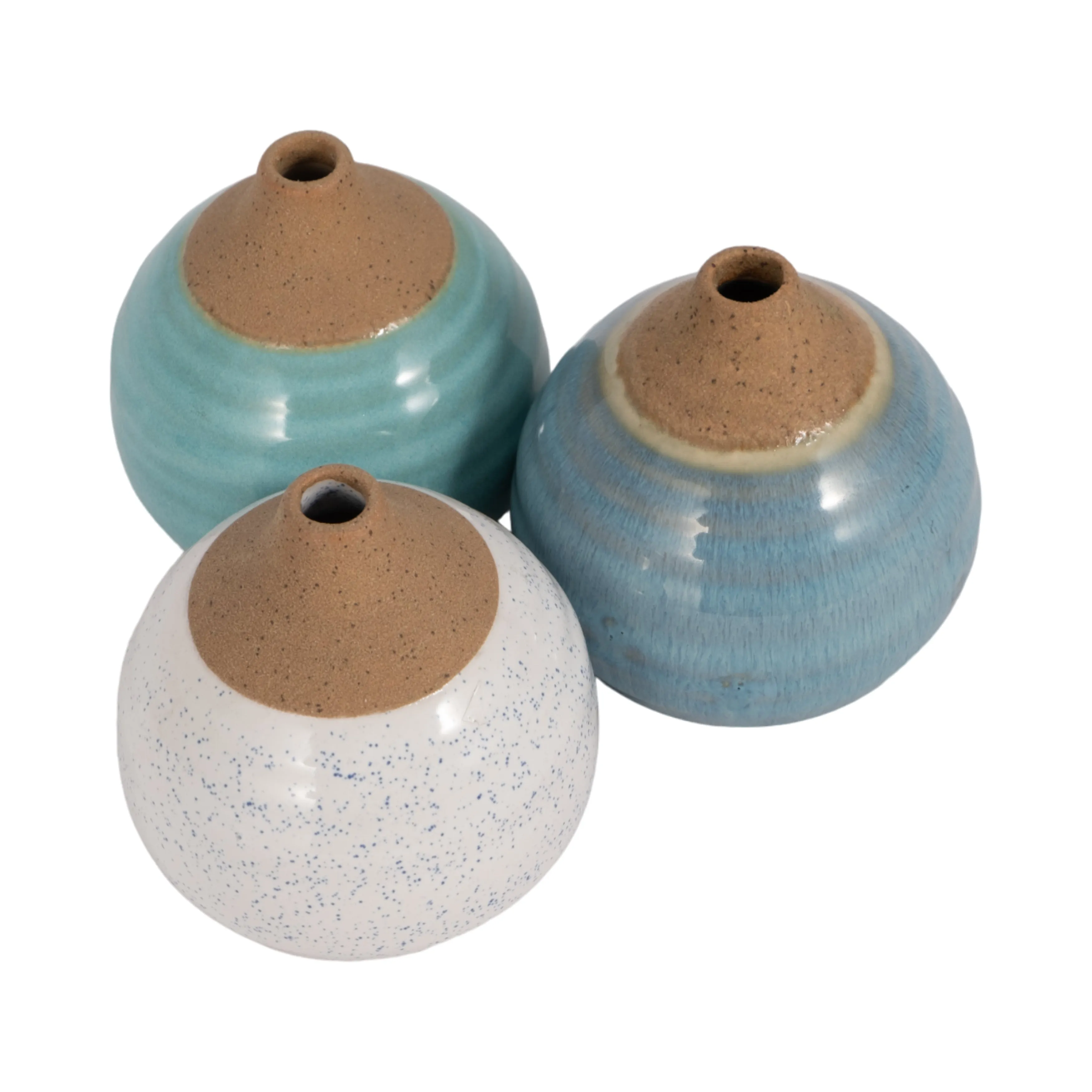 S/3 GLAZED BUD VASES, BLUE/TURQ/WHITE