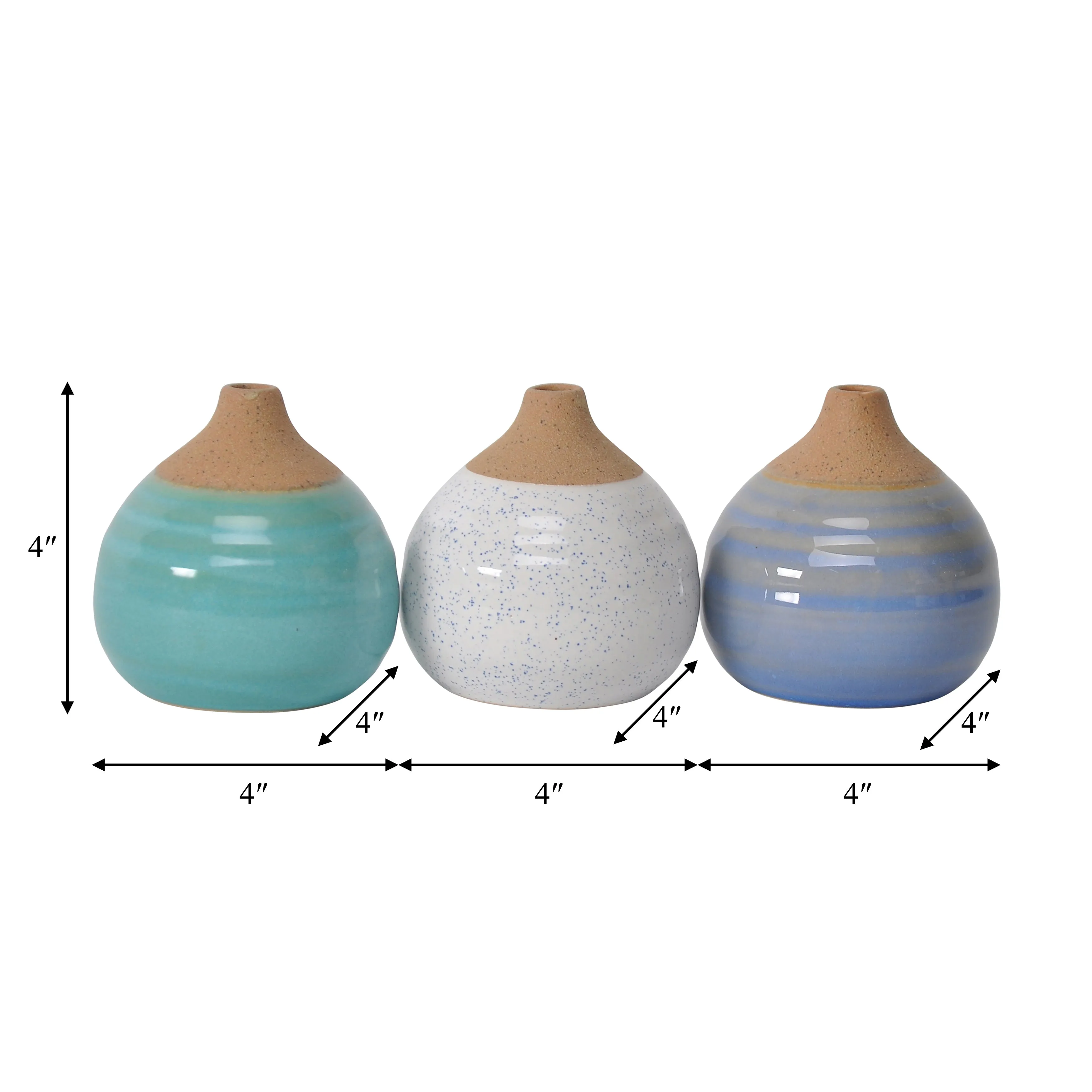S/3 GLAZED BUD VASES, BLUE/TURQ/WHITE