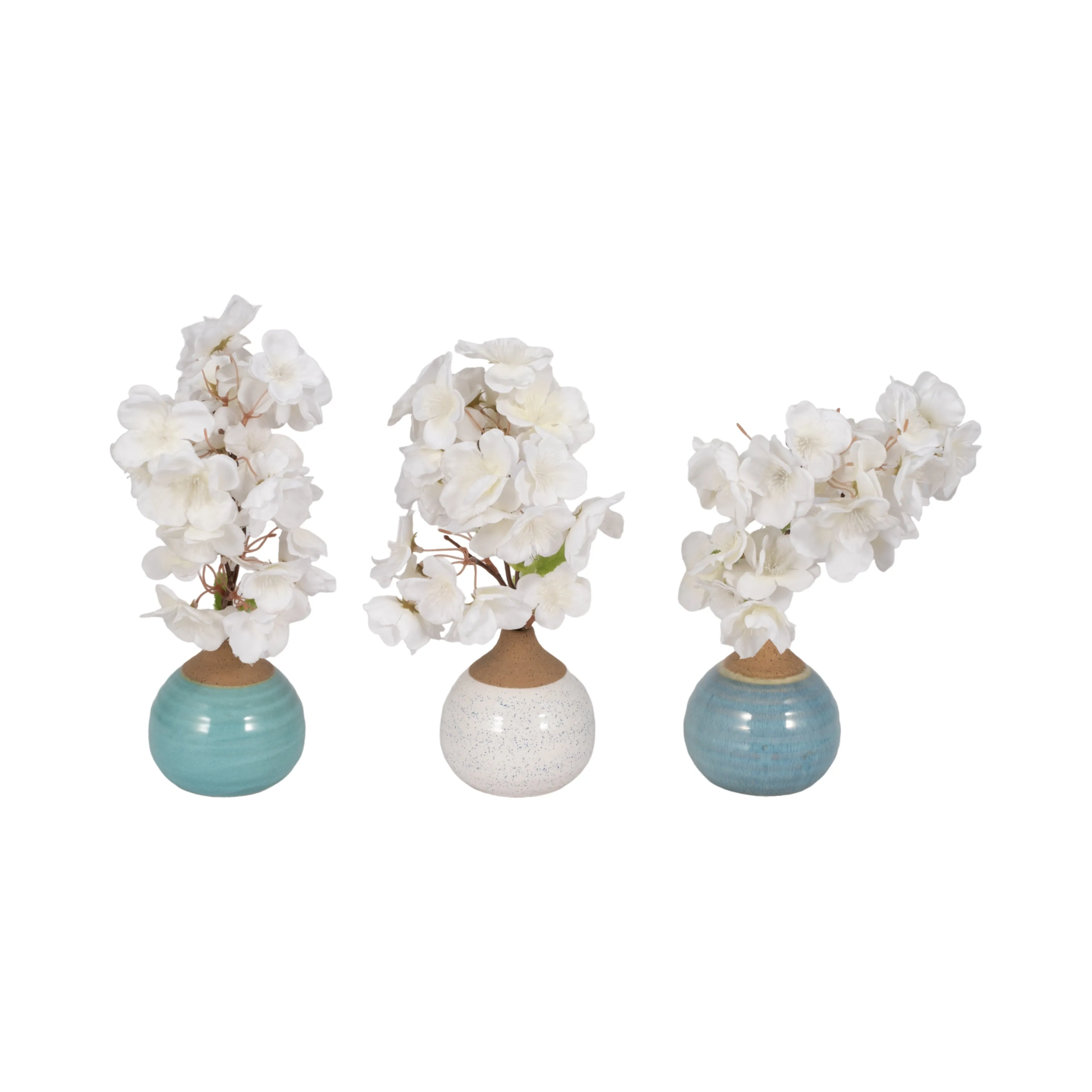 S/3 GLAZED BUD VASES, BLUE/TURQ/WHITE