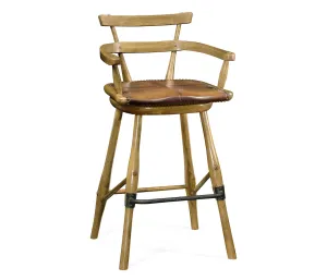 Sherwood Oak Collection - Natural Oak Arm Bar Stool with A Studded Antique Chestnut Leather Seat