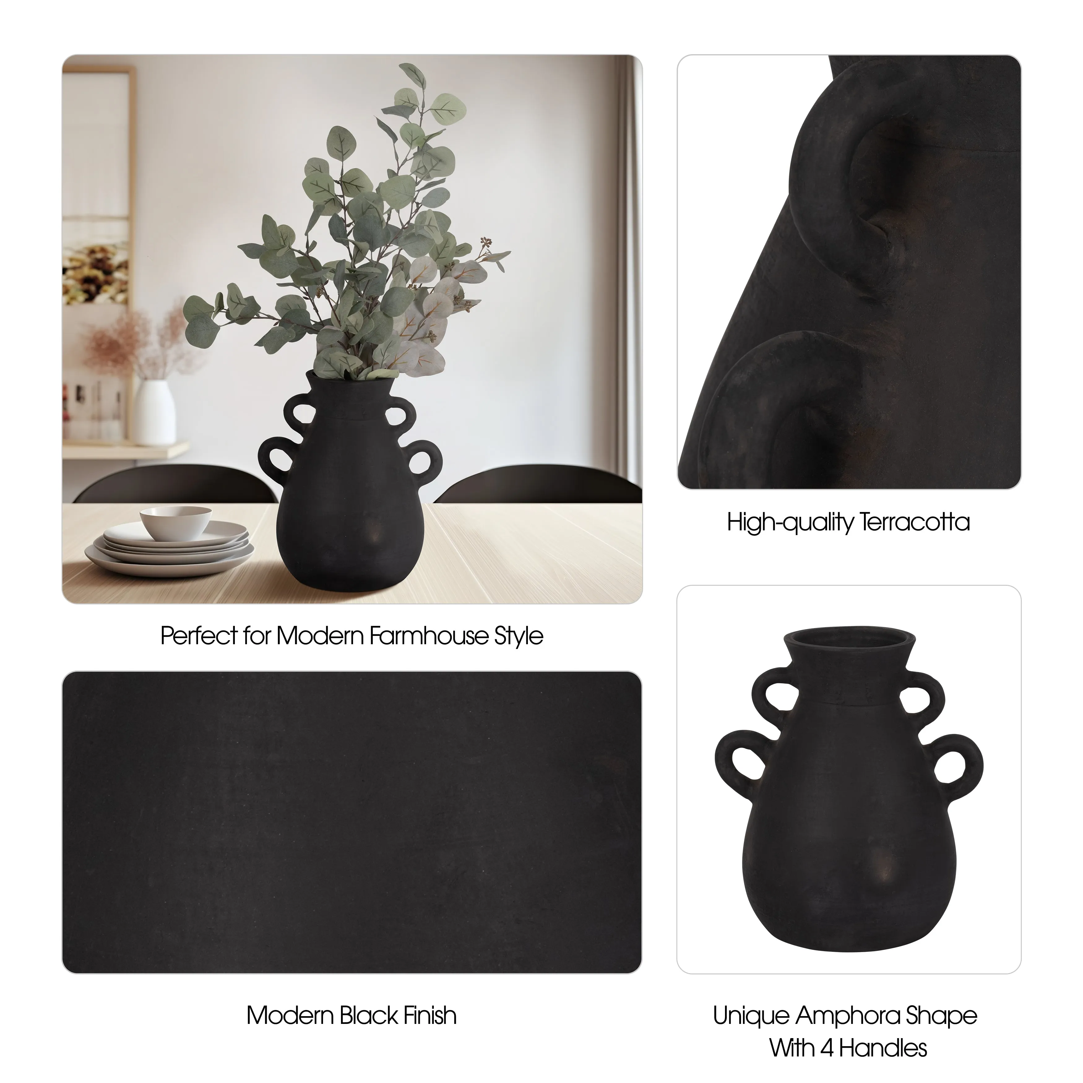 TERRACOTTA, 12" VASE WITH 4 HANDLES, BLACK