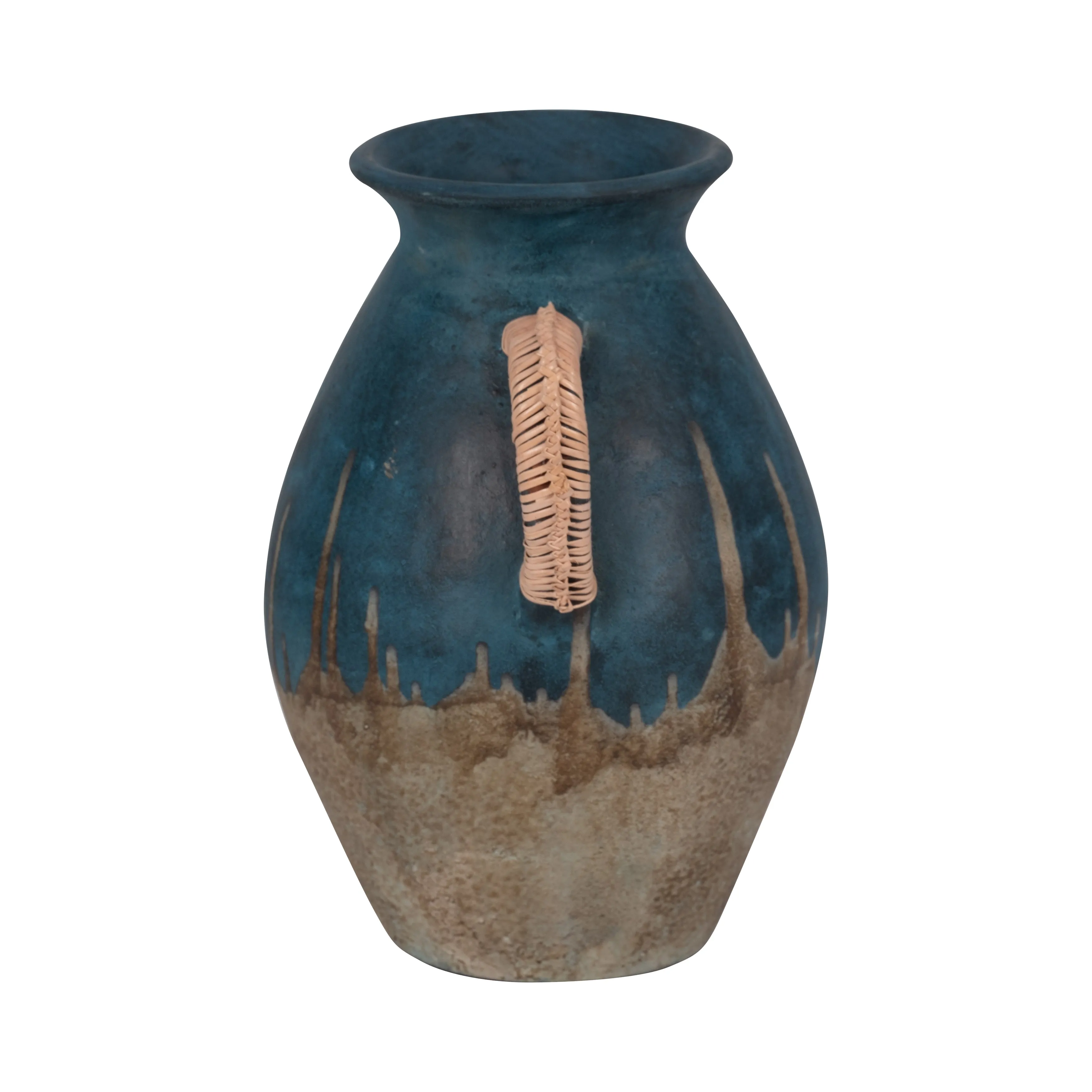 TERRACOTTA, 12"H EARED VASE, BLUE/IVORY