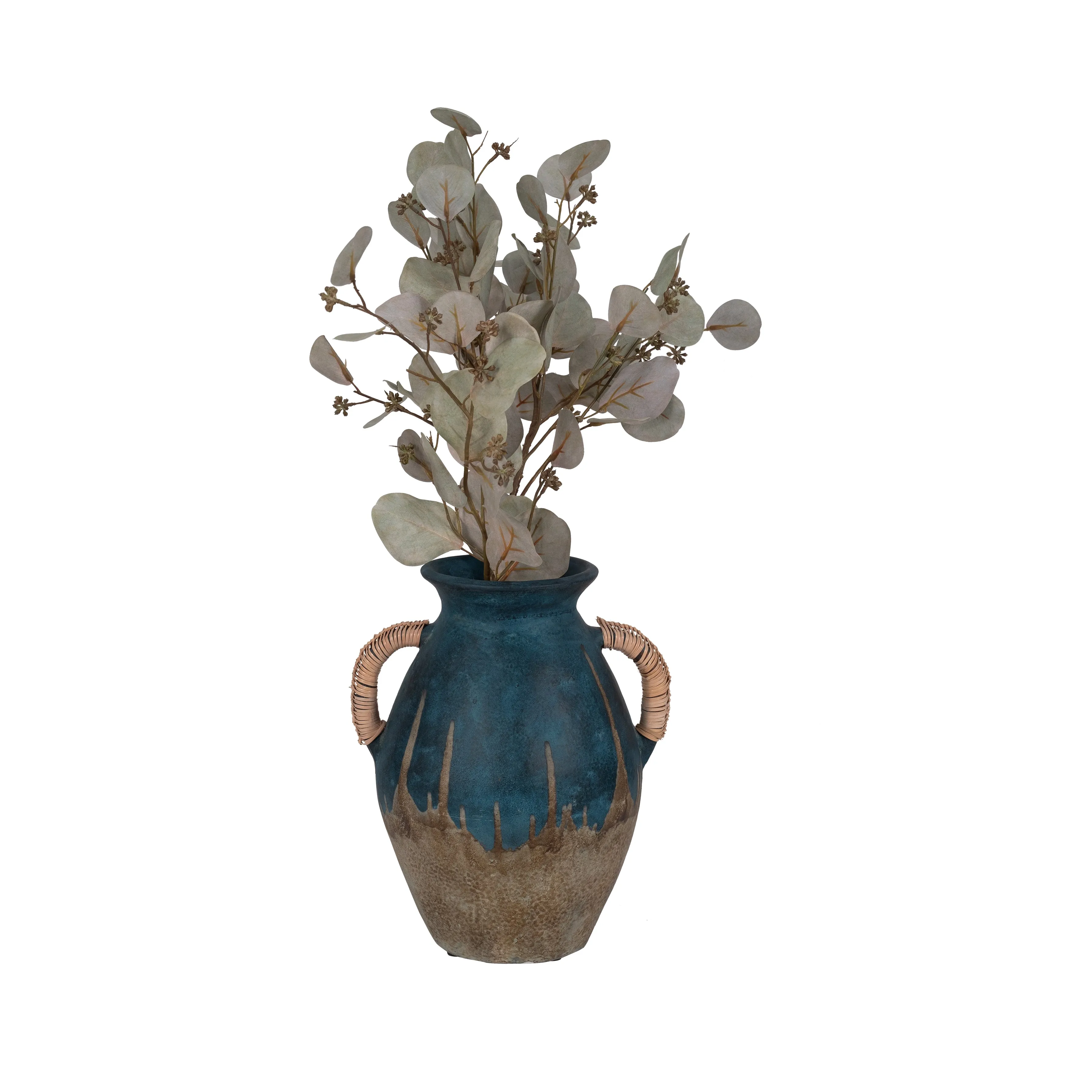 TERRACOTTA, 12"H EARED VASE, BLUE/IVORY
