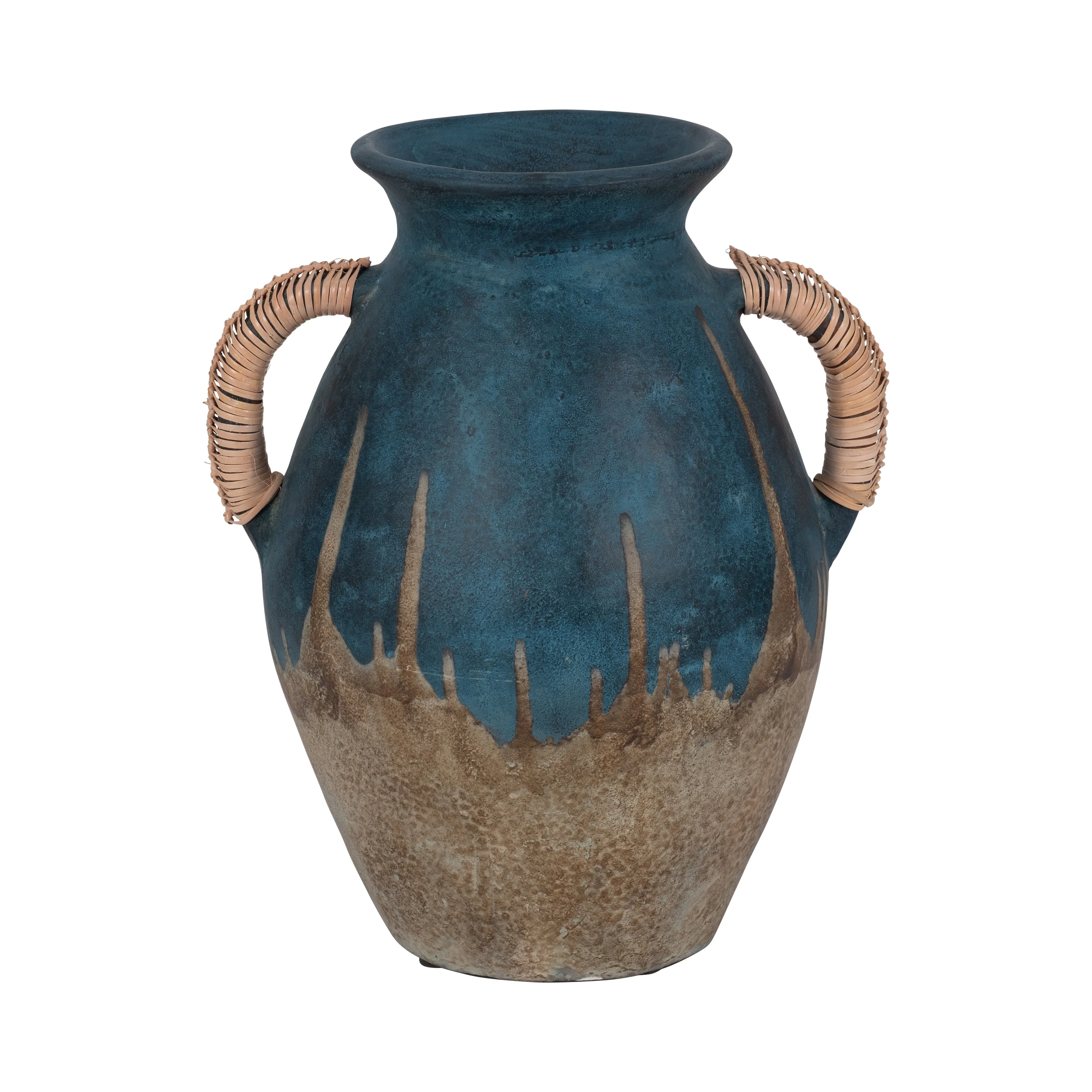 TERRACOTTA, 12"H EARED VASE, BLUE/IVORY