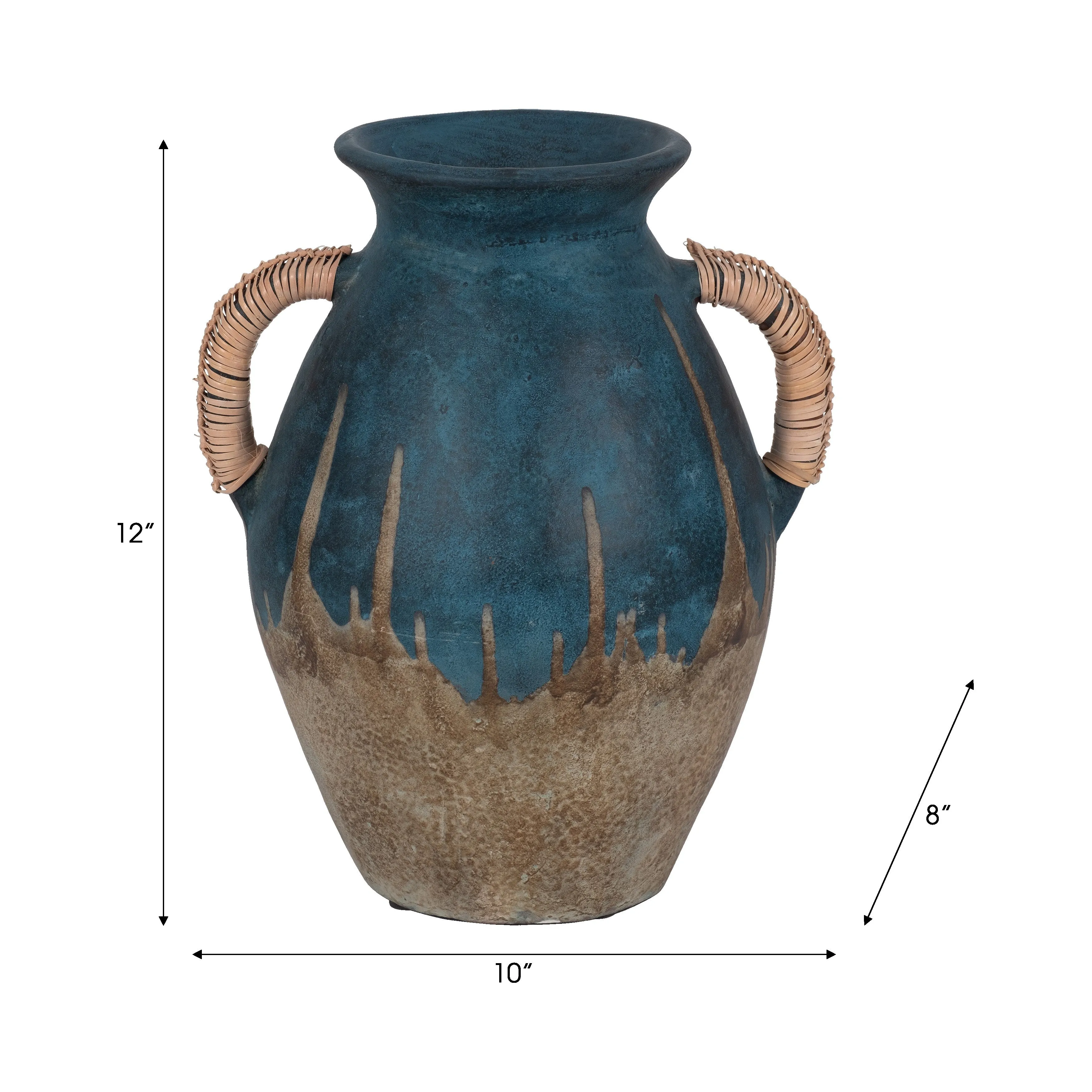 TERRACOTTA, 12"H EARED VASE, BLUE/IVORY