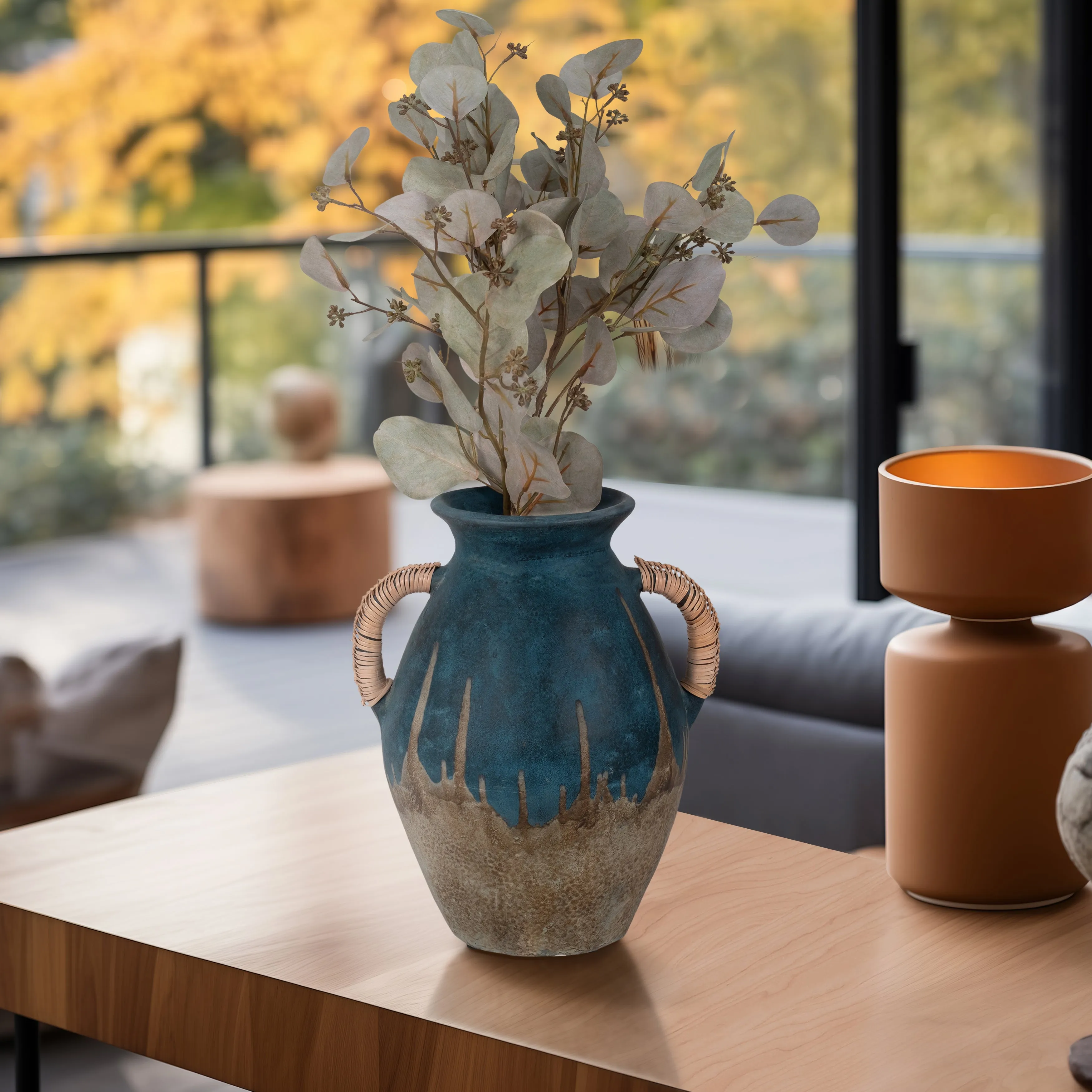 TERRACOTTA, 12"H EARED VASE, BLUE/IVORY