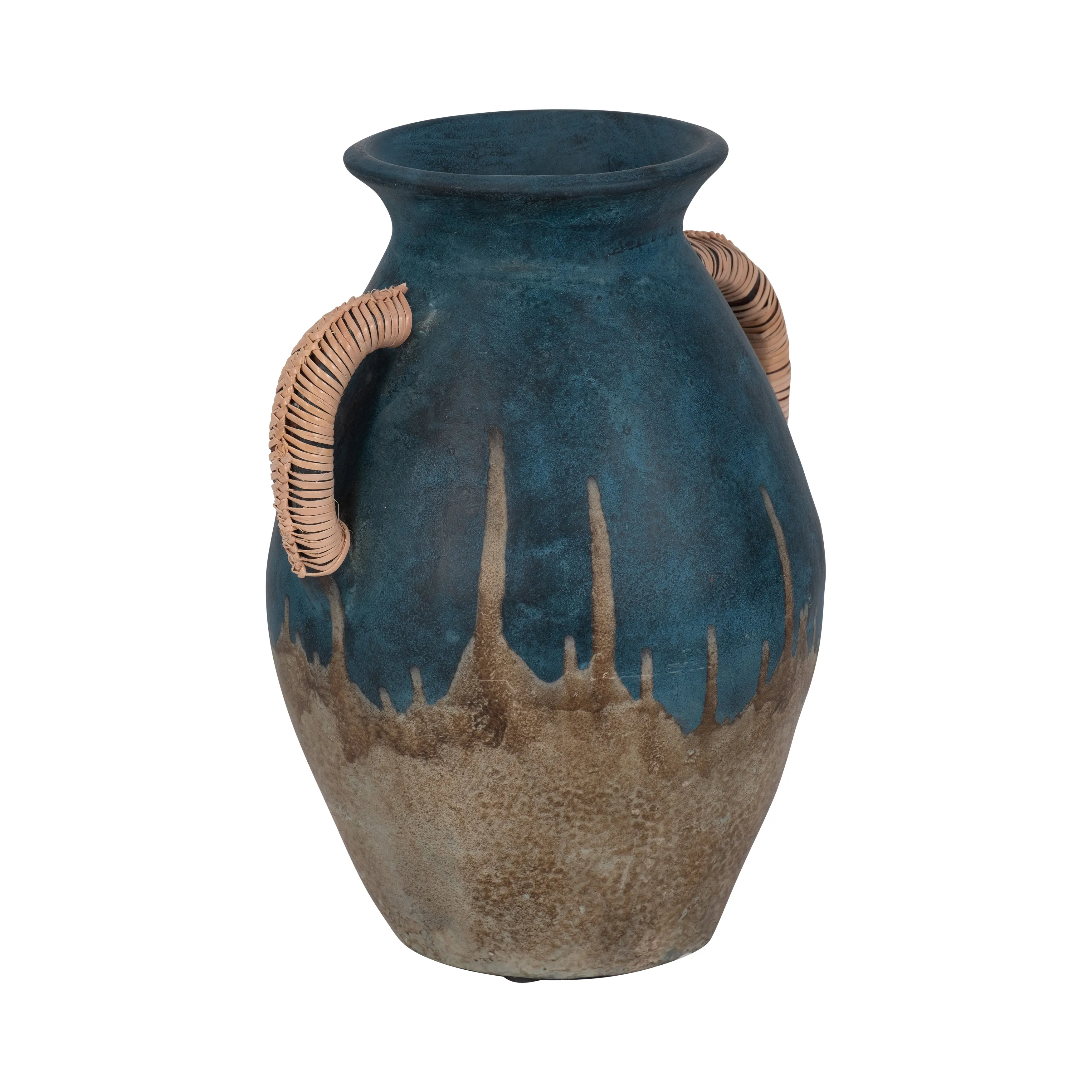 TERRACOTTA, 12"H EARED VASE, BLUE/IVORY