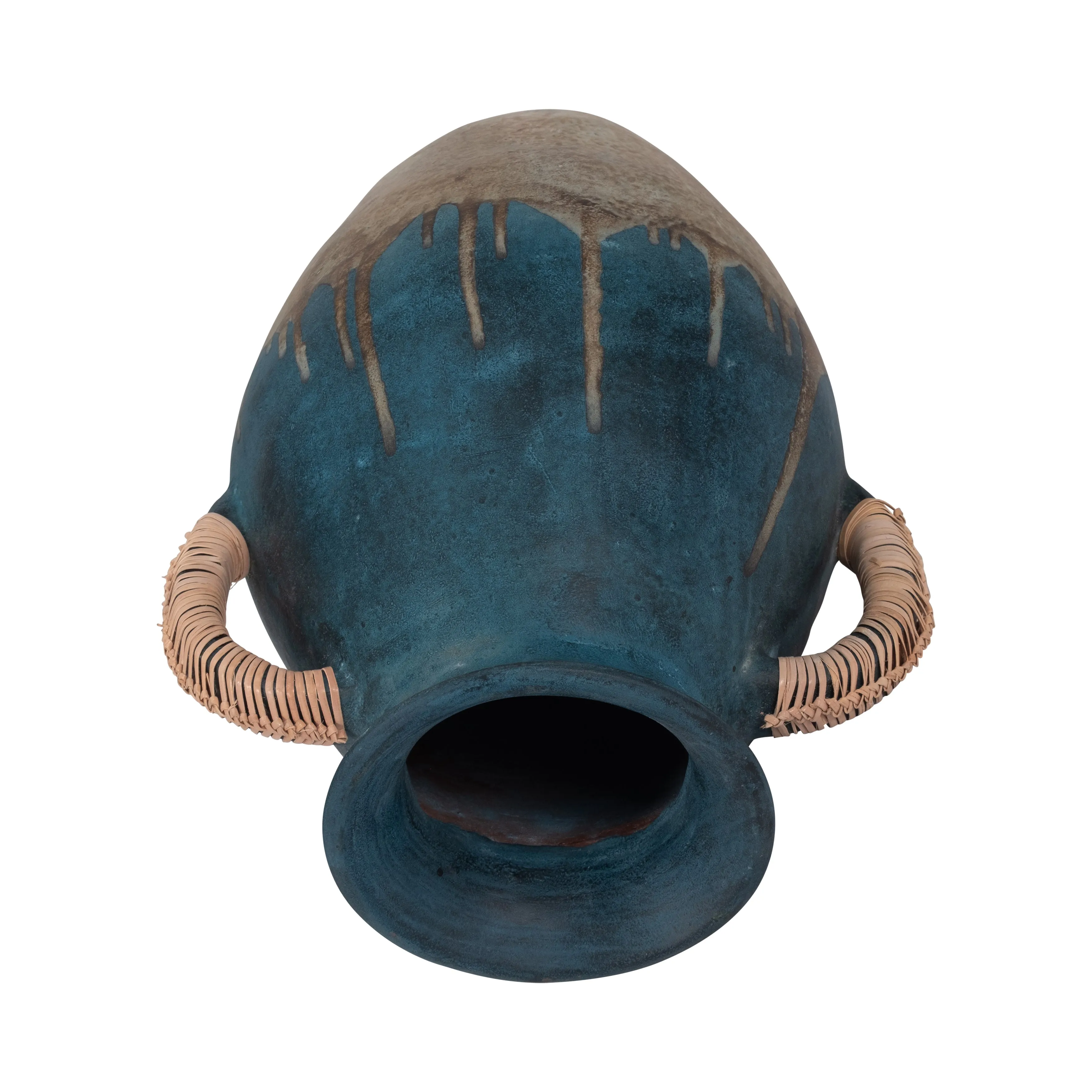 TERRACOTTA, 12"H EARED VASE, BLUE/IVORY