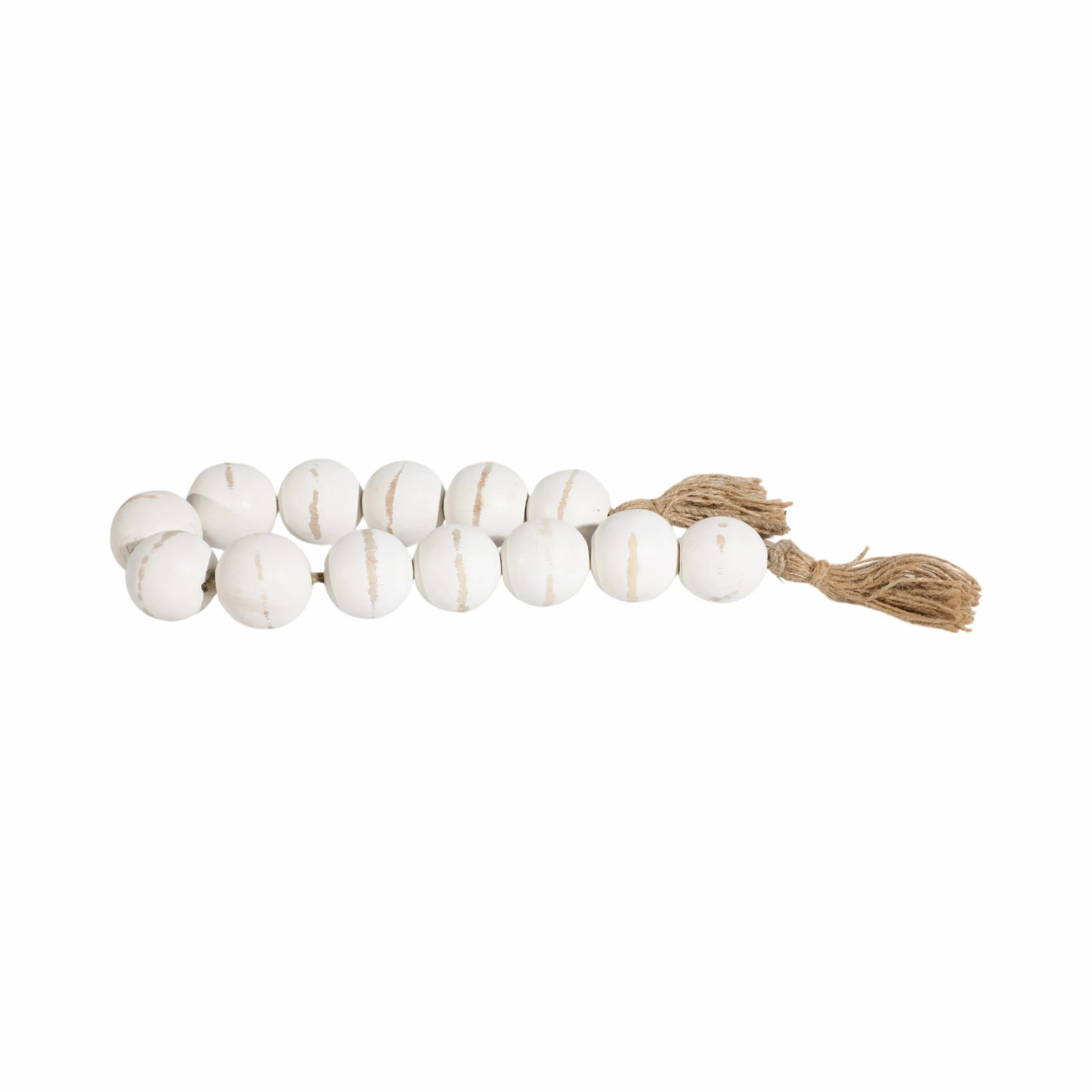 WOOD, 25" LARGE BEADED GARLAND W/ TASSEL, WHT WASH