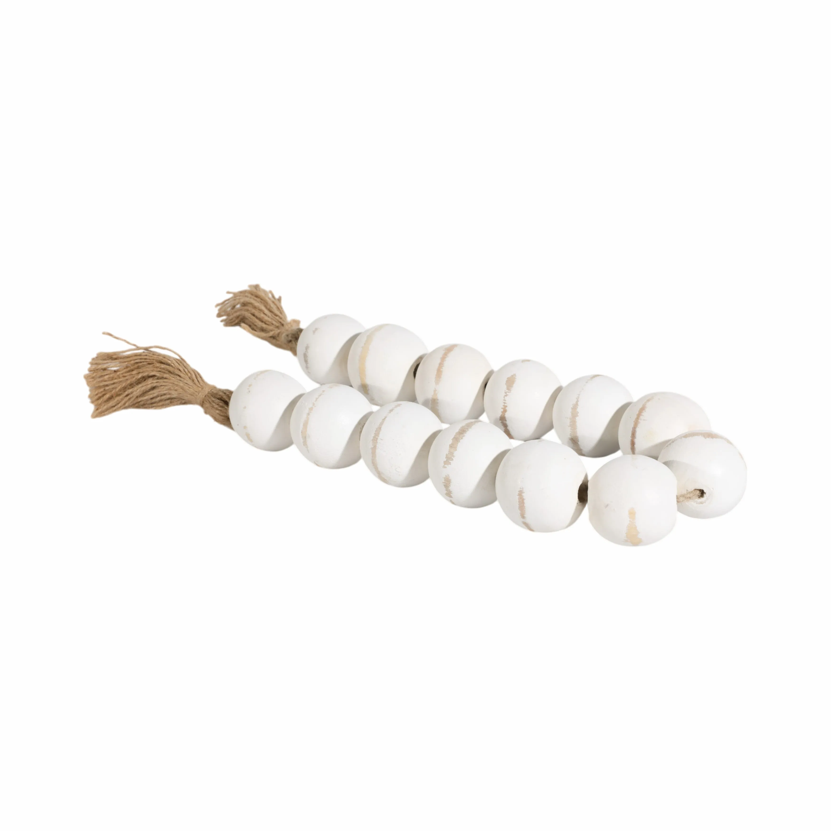 WOOD, 25" LARGE BEADED GARLAND W/ TASSEL, WHT WASH
