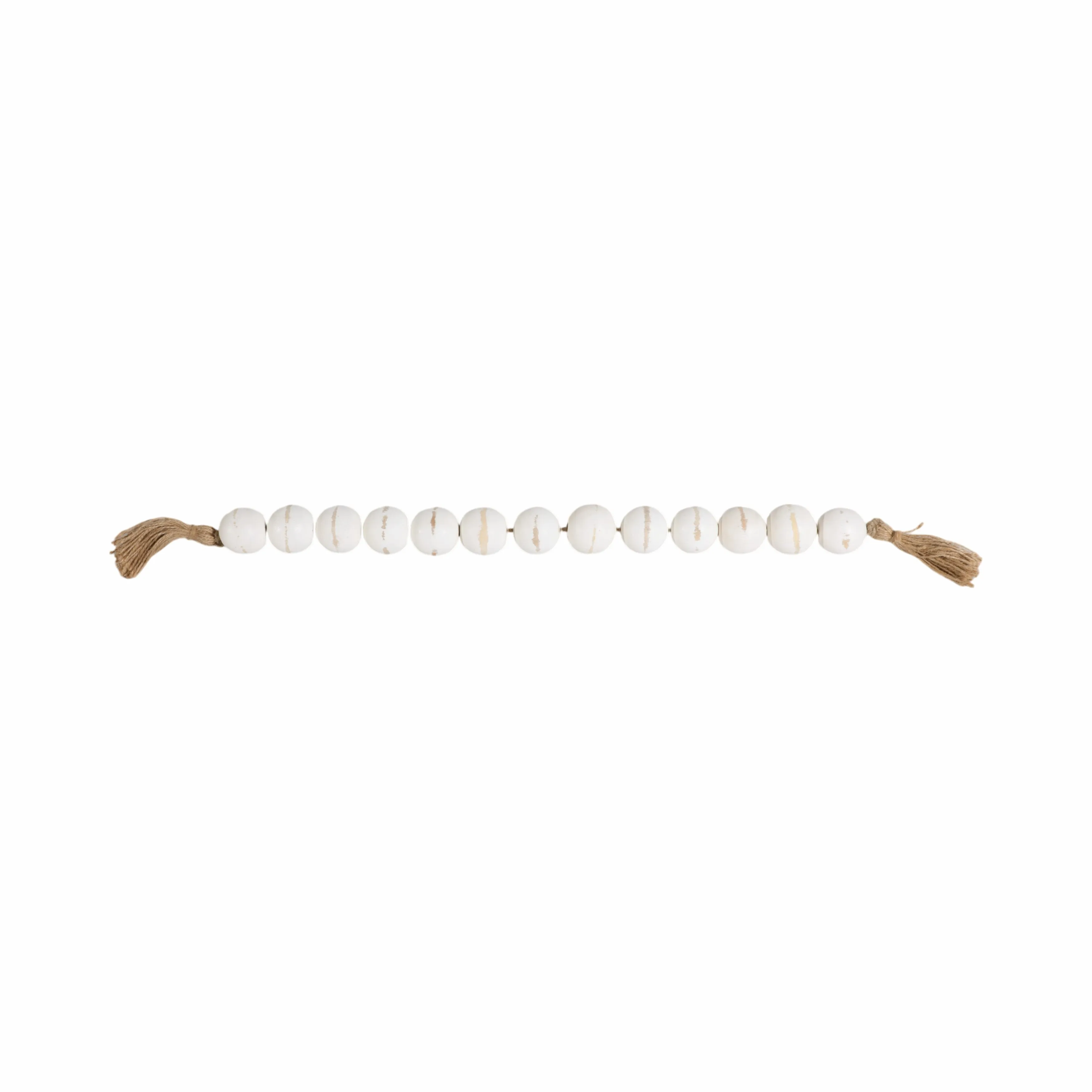 WOOD, 25" LARGE BEADED GARLAND W/ TASSEL, WHT WASH