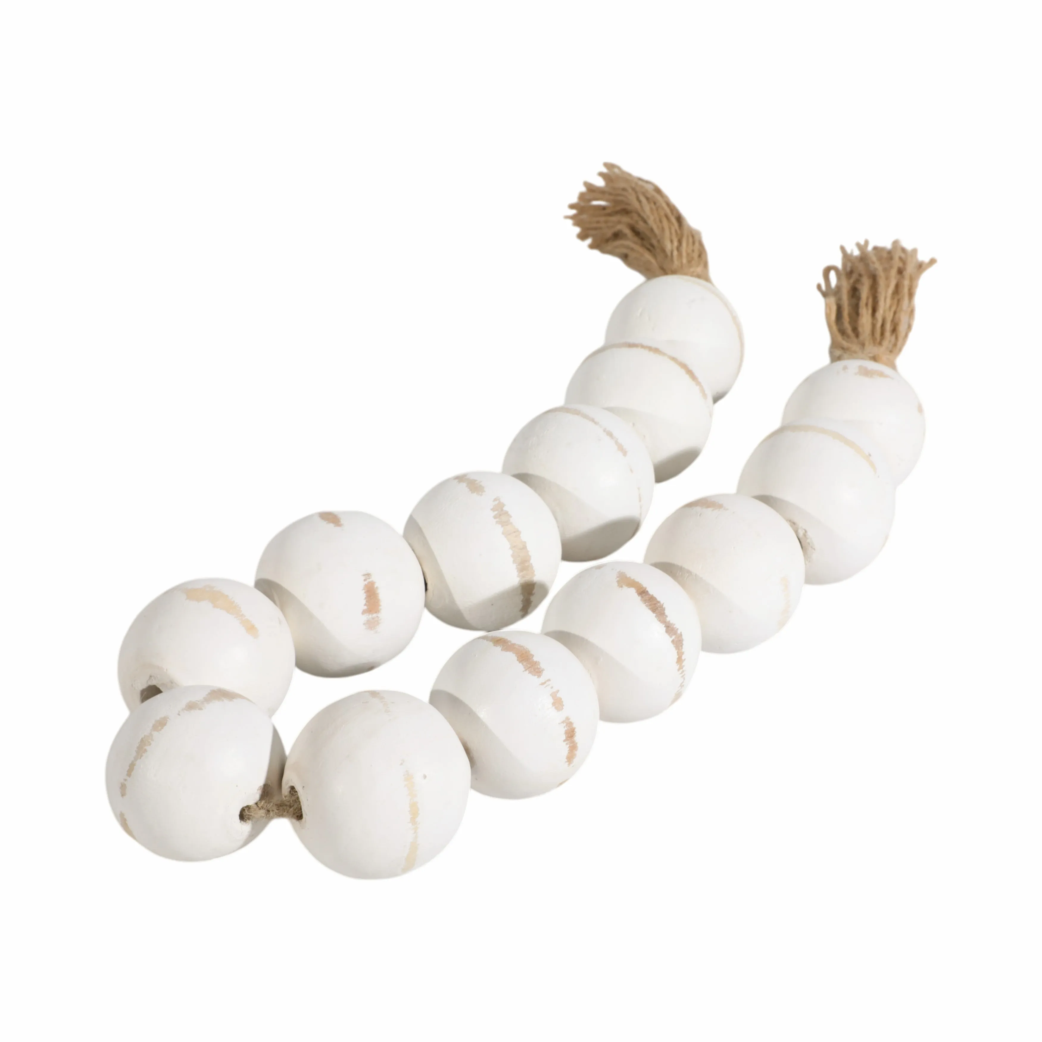 WOOD, 25" LARGE BEADED GARLAND W/ TASSEL, WHT WASH