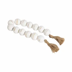 WOOD, 25" LARGE BEADED GARLAND W/ TASSEL, WHT WASH