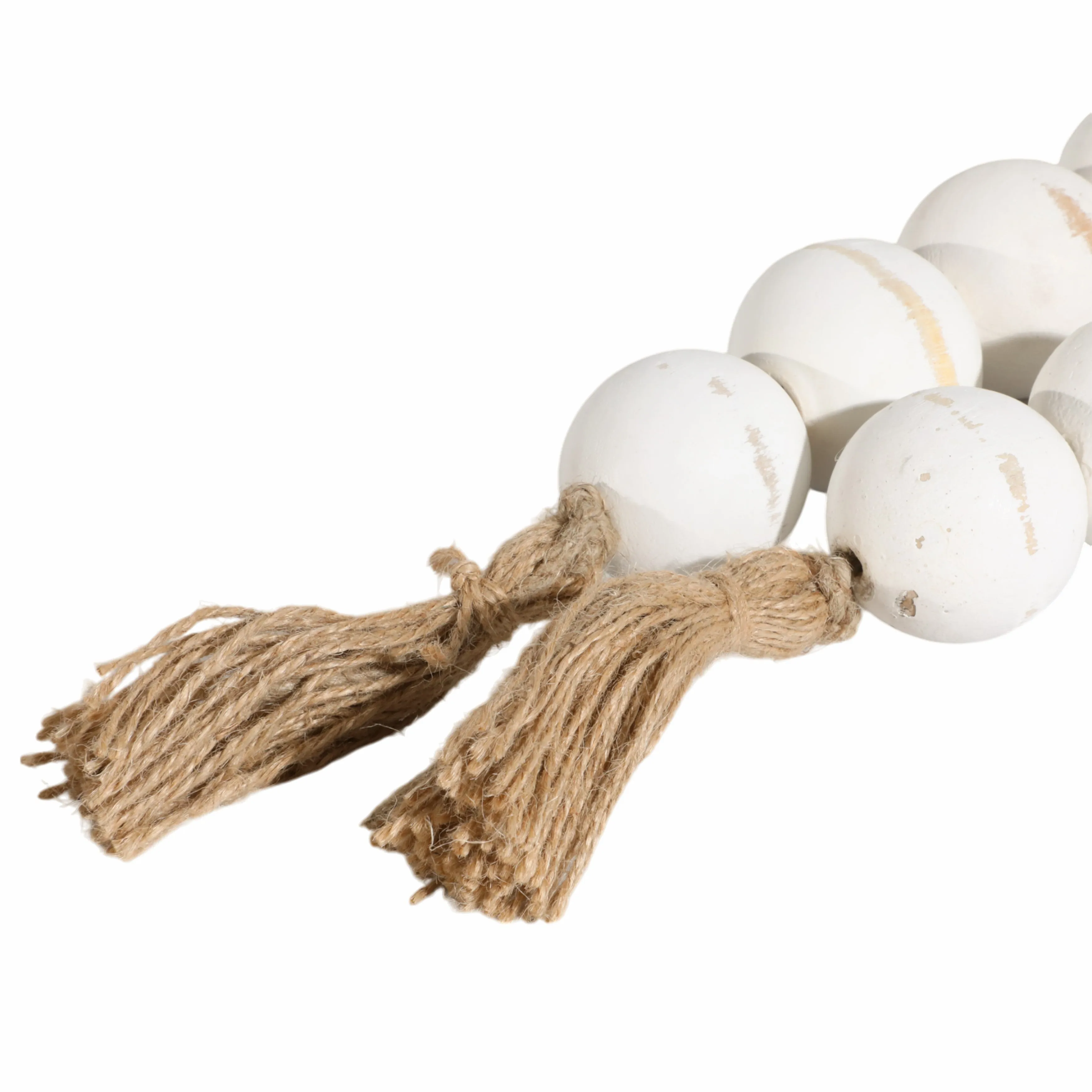 WOOD, 25" LARGE BEADED GARLAND W/ TASSEL, WHT WASH