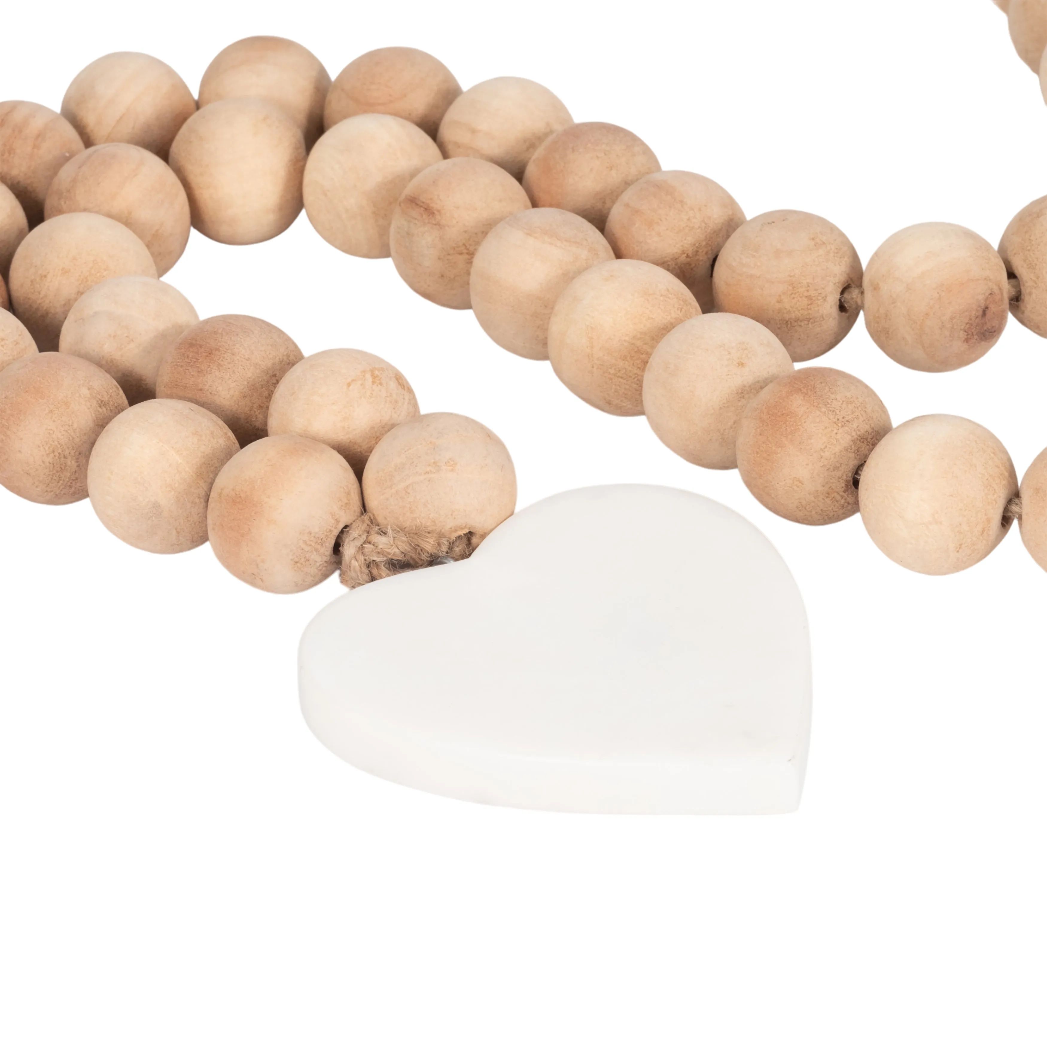 WOOD, 36" LARGE BEAD GARLAND W/ MARBLE HEART, NATU