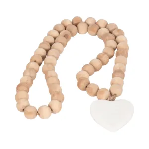 WOOD, 36" LARGE BEAD GARLAND W/ MARBLE HEART, NATU