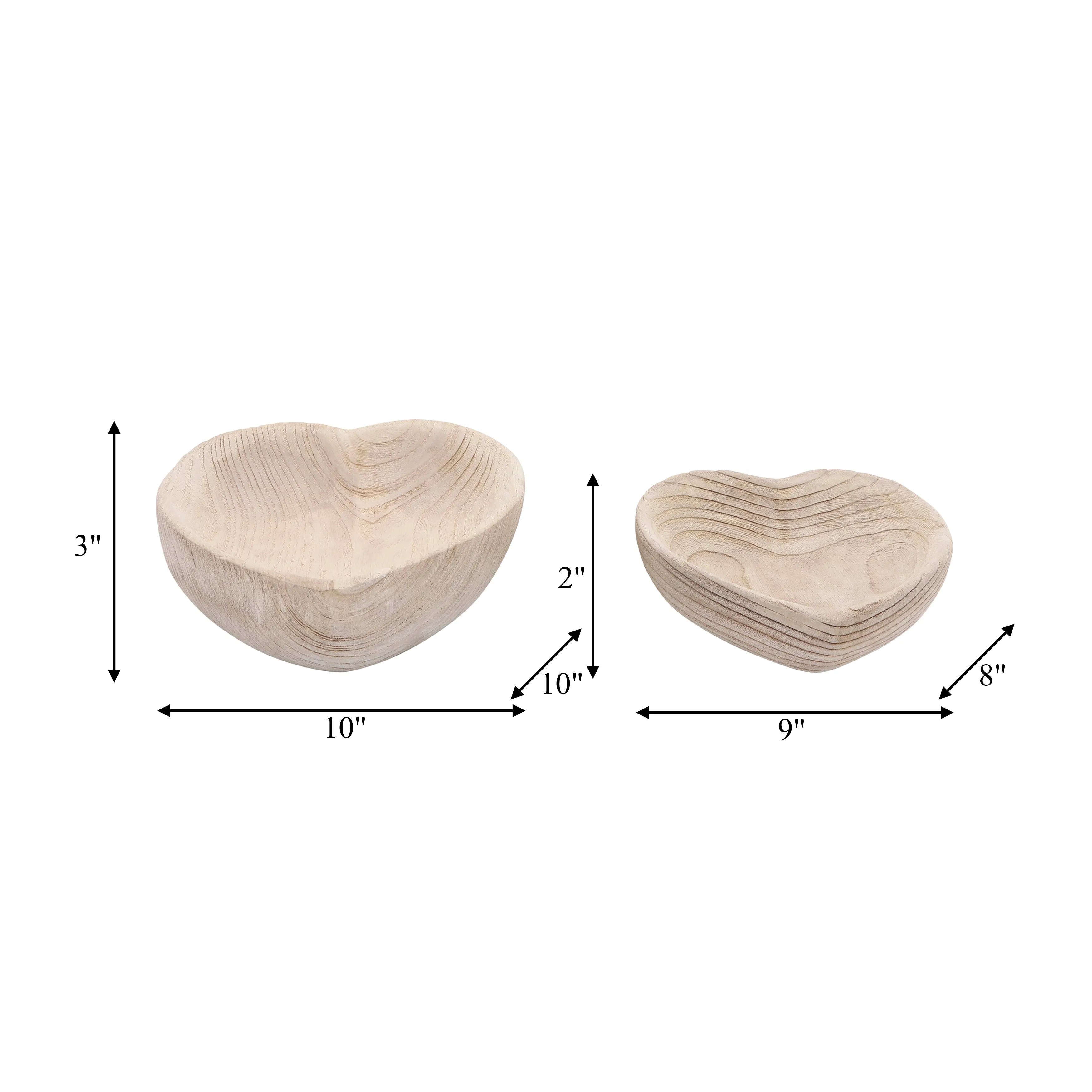 WOOD, S/2 9/10" HEART BOWLS, NATURAL