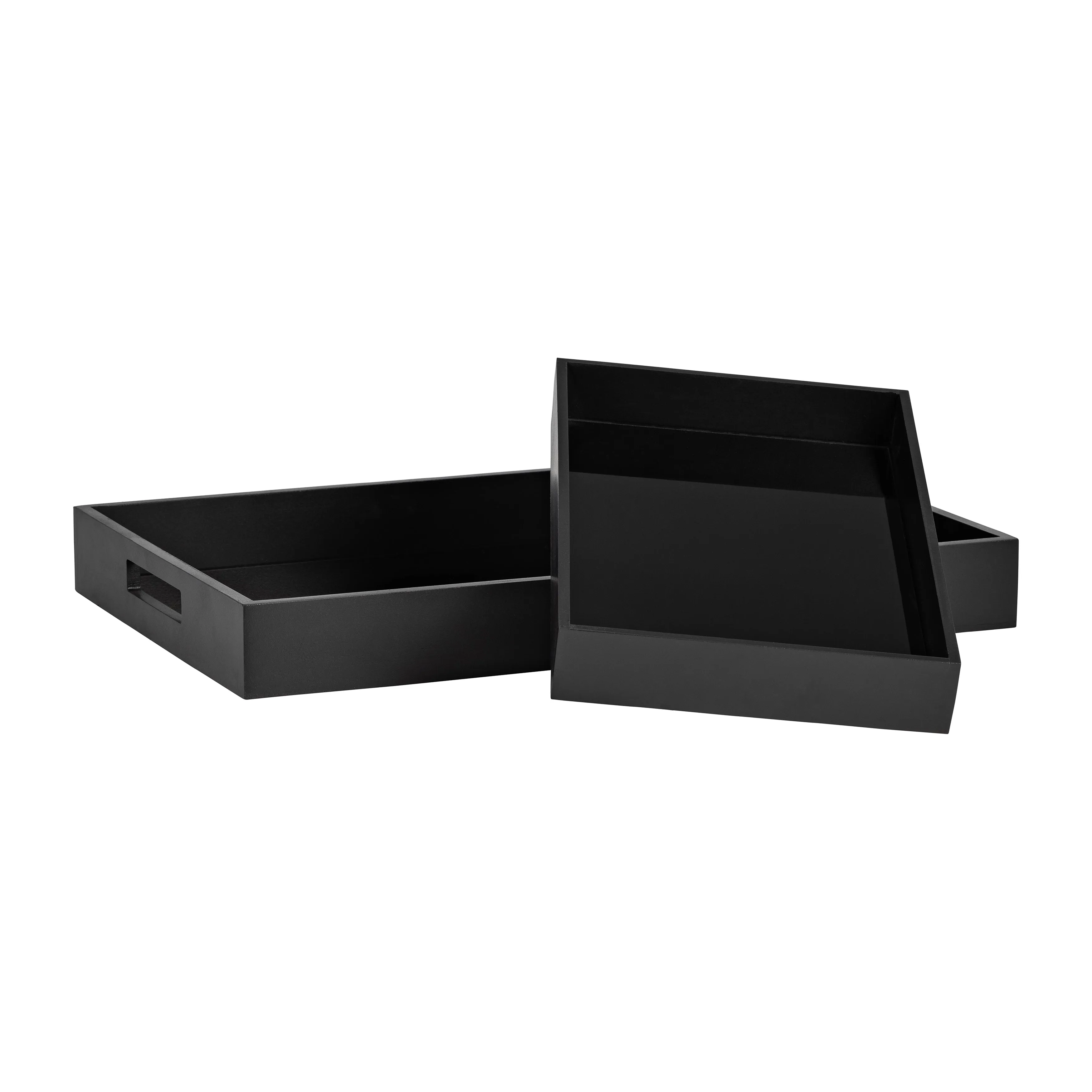WOOD/GLASS, S/2 14/18"L REACTANGULAR TRAYS, BLACK
